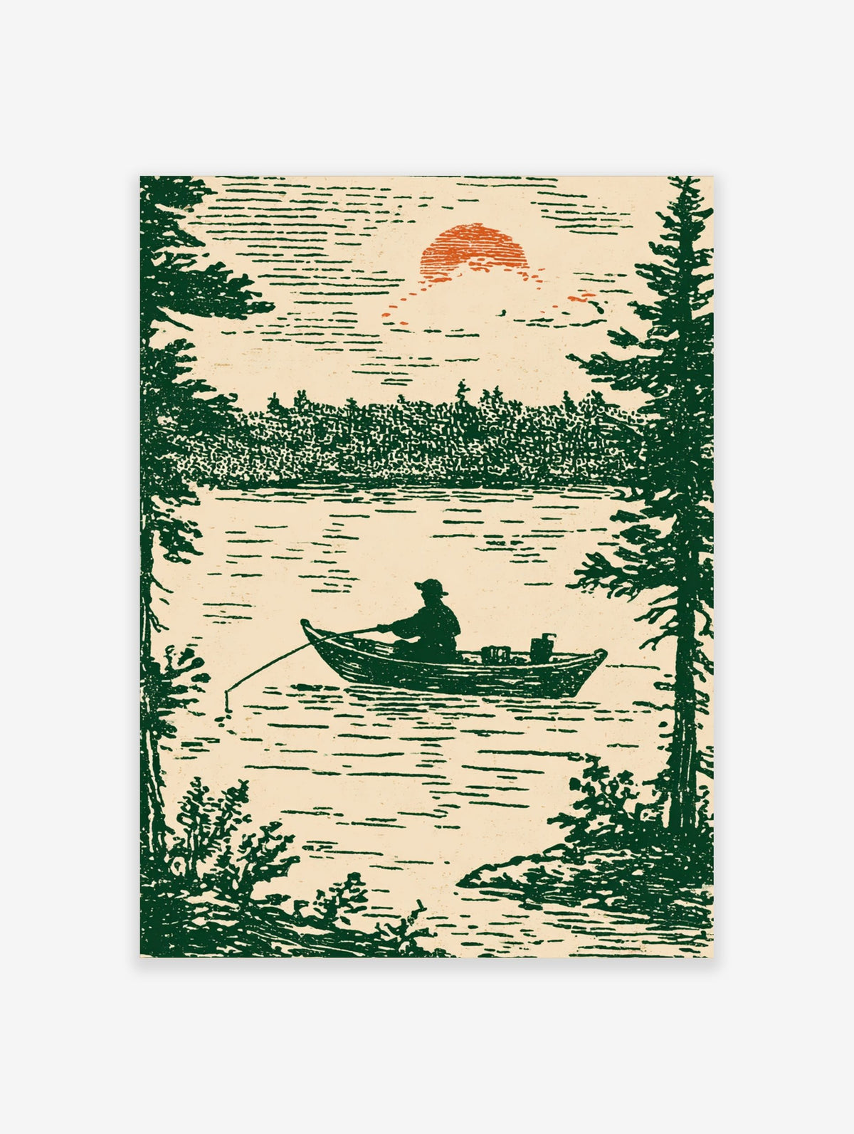 Illustrative print of a fisherman in a boat on a lake, framed by pine trees, under a setting sun