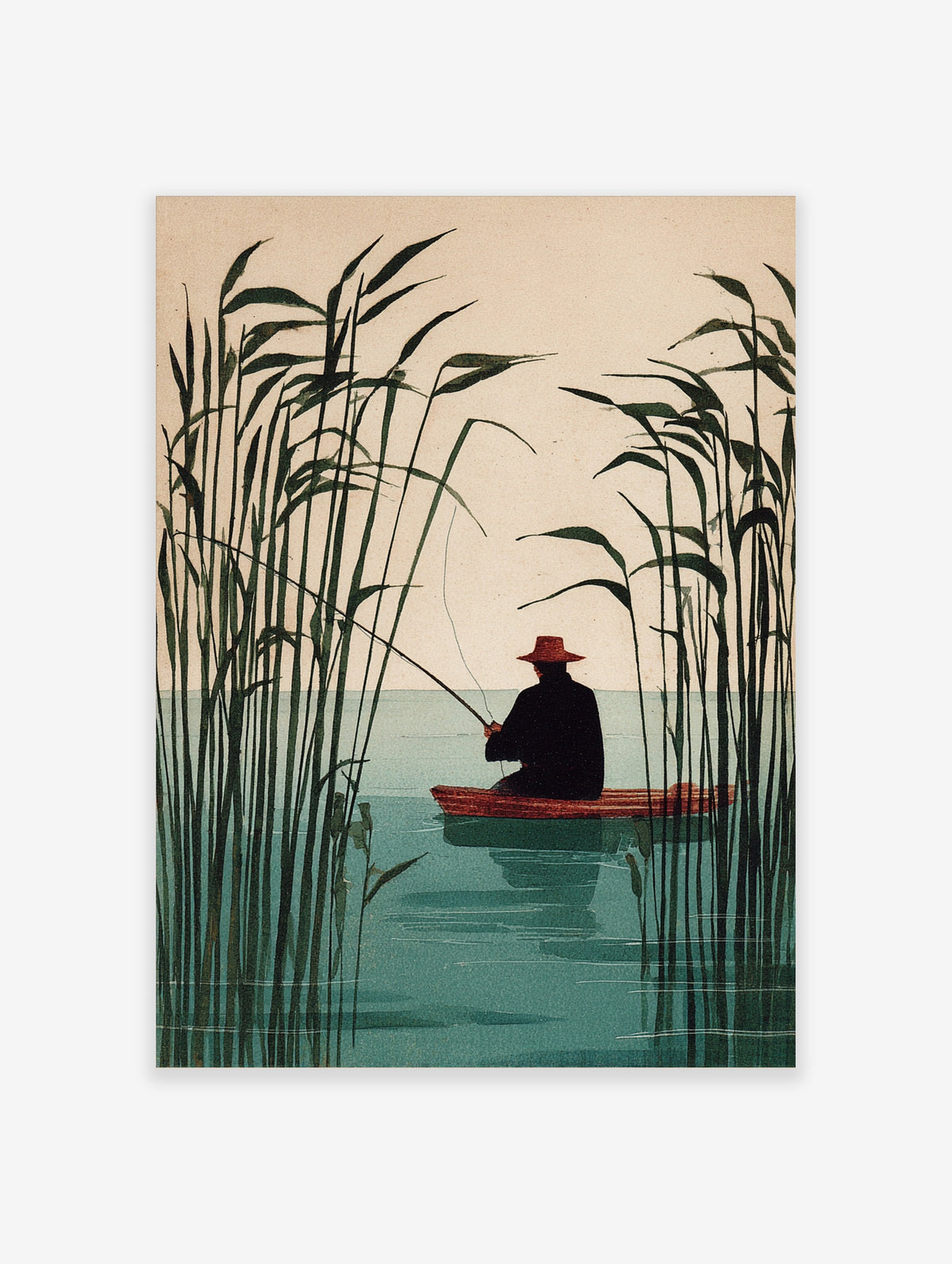 Fisherman in red hat in boat among reeds on calm lake, illustrative art print