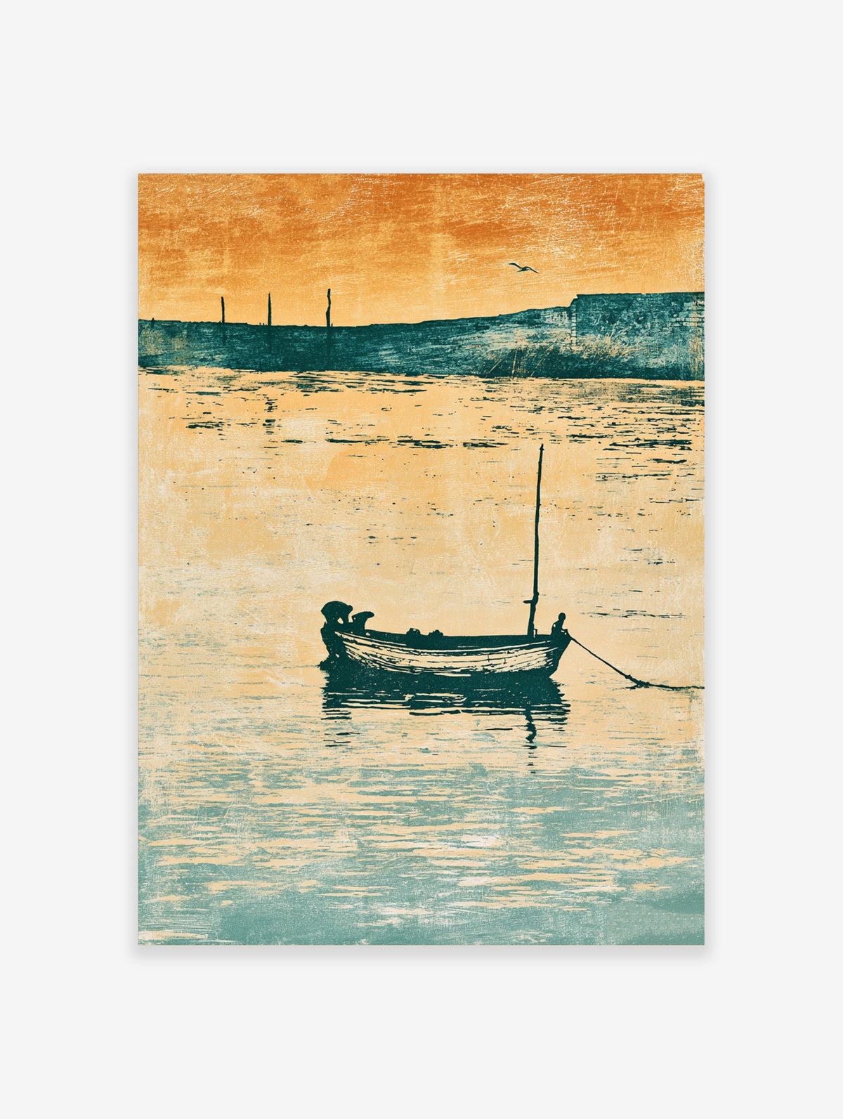 Silhouetted fishing boat with figure and mast on teal water under an orange sunset, coastal art print