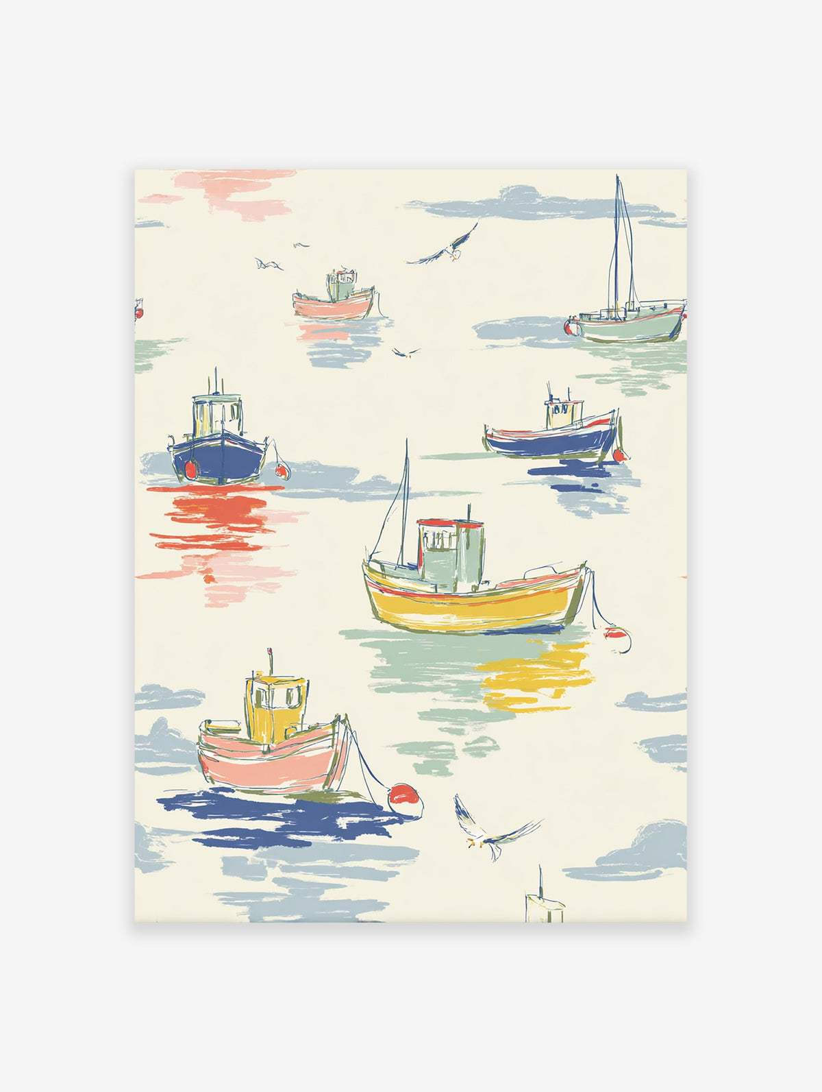 Colorful fishing boats and sailboats illustration on calm water with seagulls in a pastel, hand-sketched style.