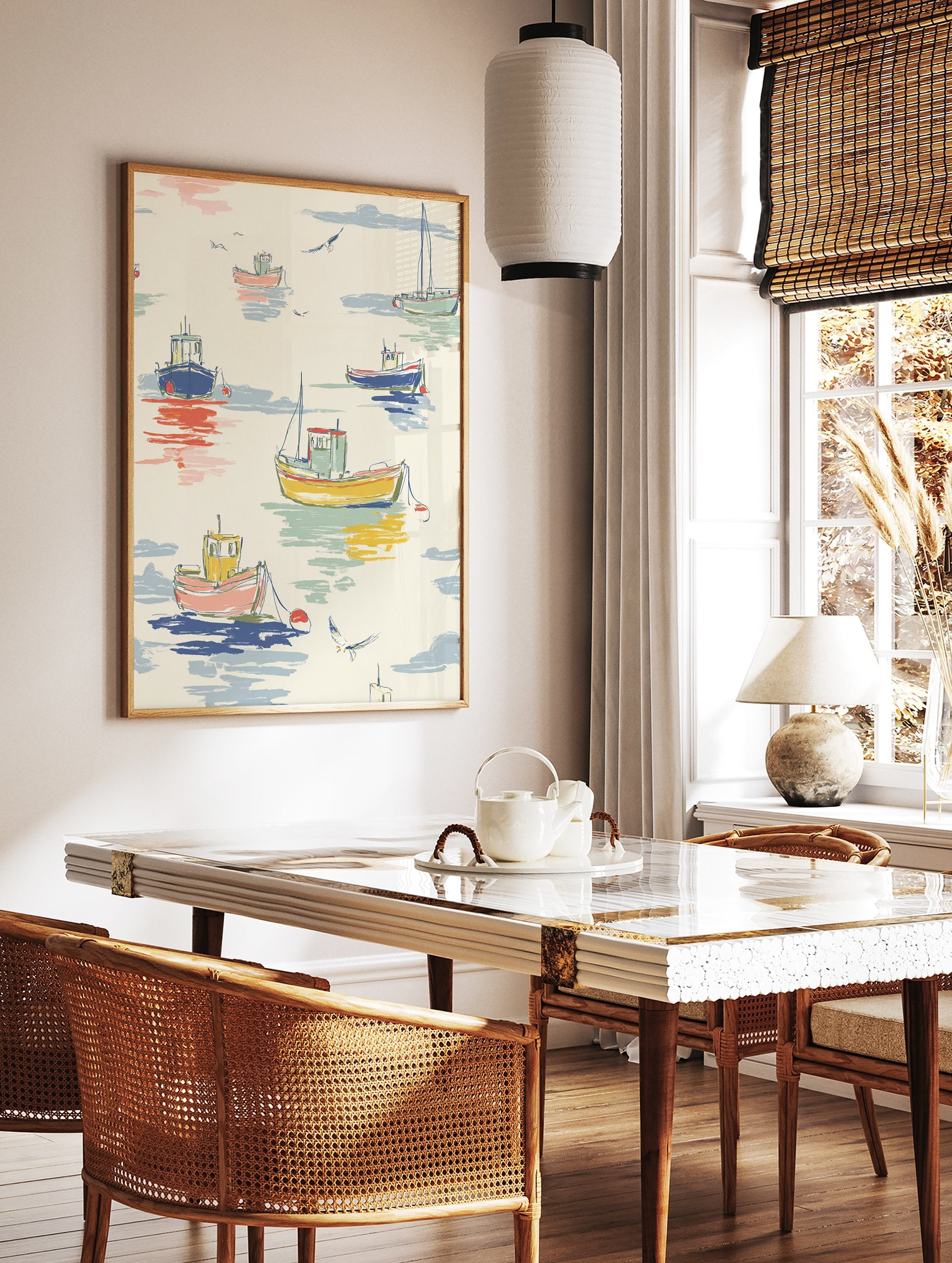Colorful fishing boats and sailboats illustration on calm water with seagulls in a pastel, hand-sketched style. - Image 3