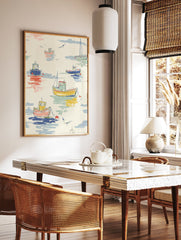 Colorful fishing boats and sailboats illustration on calm water with seagulls in a pastel, hand-sketched style. - Image 3