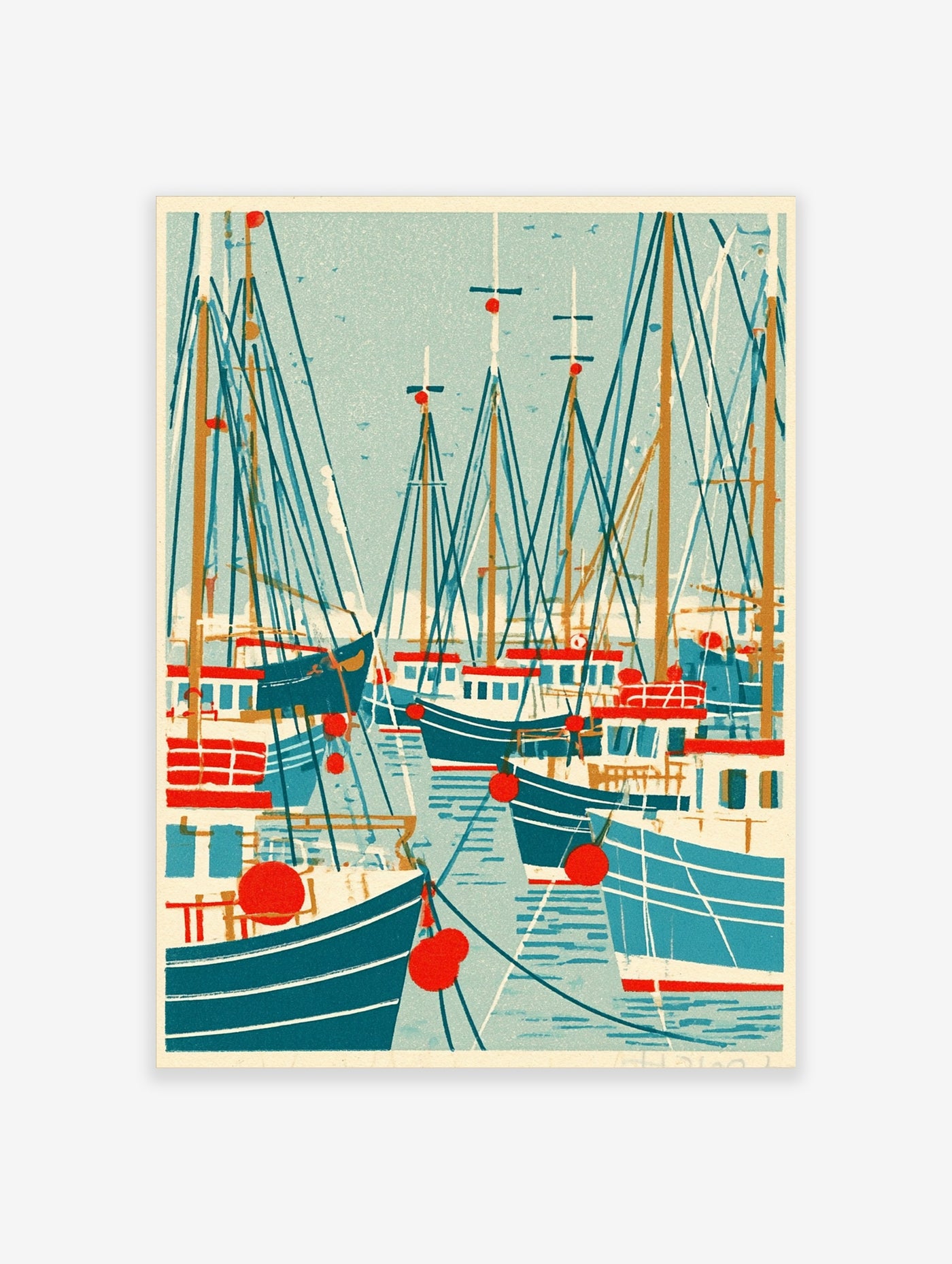 Illustrative print of fishing boats with tall masts, rigging, and red buoys on teal water