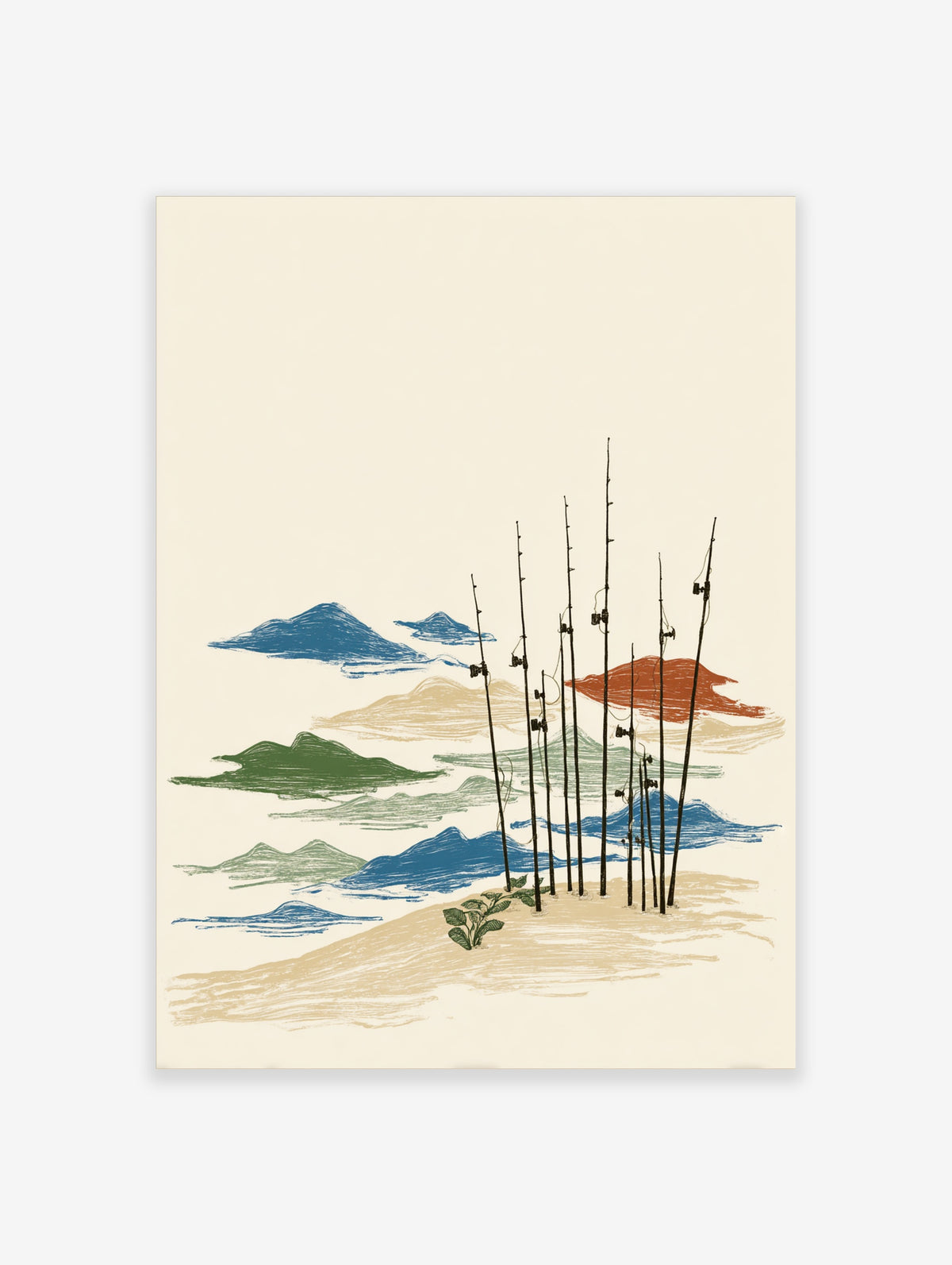Fishing rods landscape poster with stylised hills in blue, green, red, and beige
