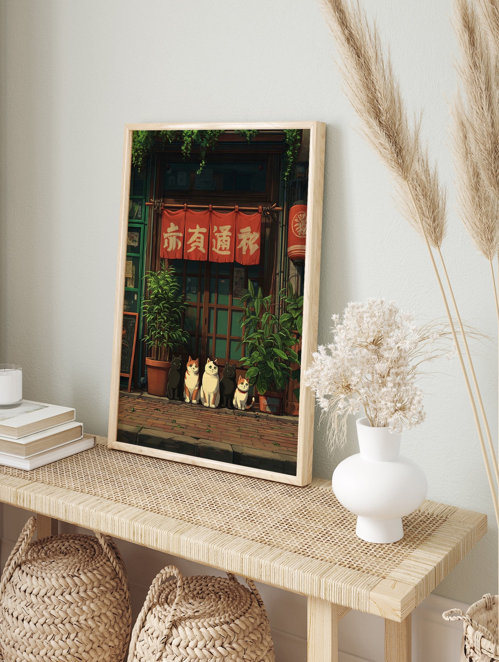 Illustrated poster of five cats sitting in front of a traditional Japanese shop with red banners and green plants. - Image 4