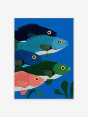 Illustrative print of five colourful fish in blue, green, and pink, swimming in deep blue water