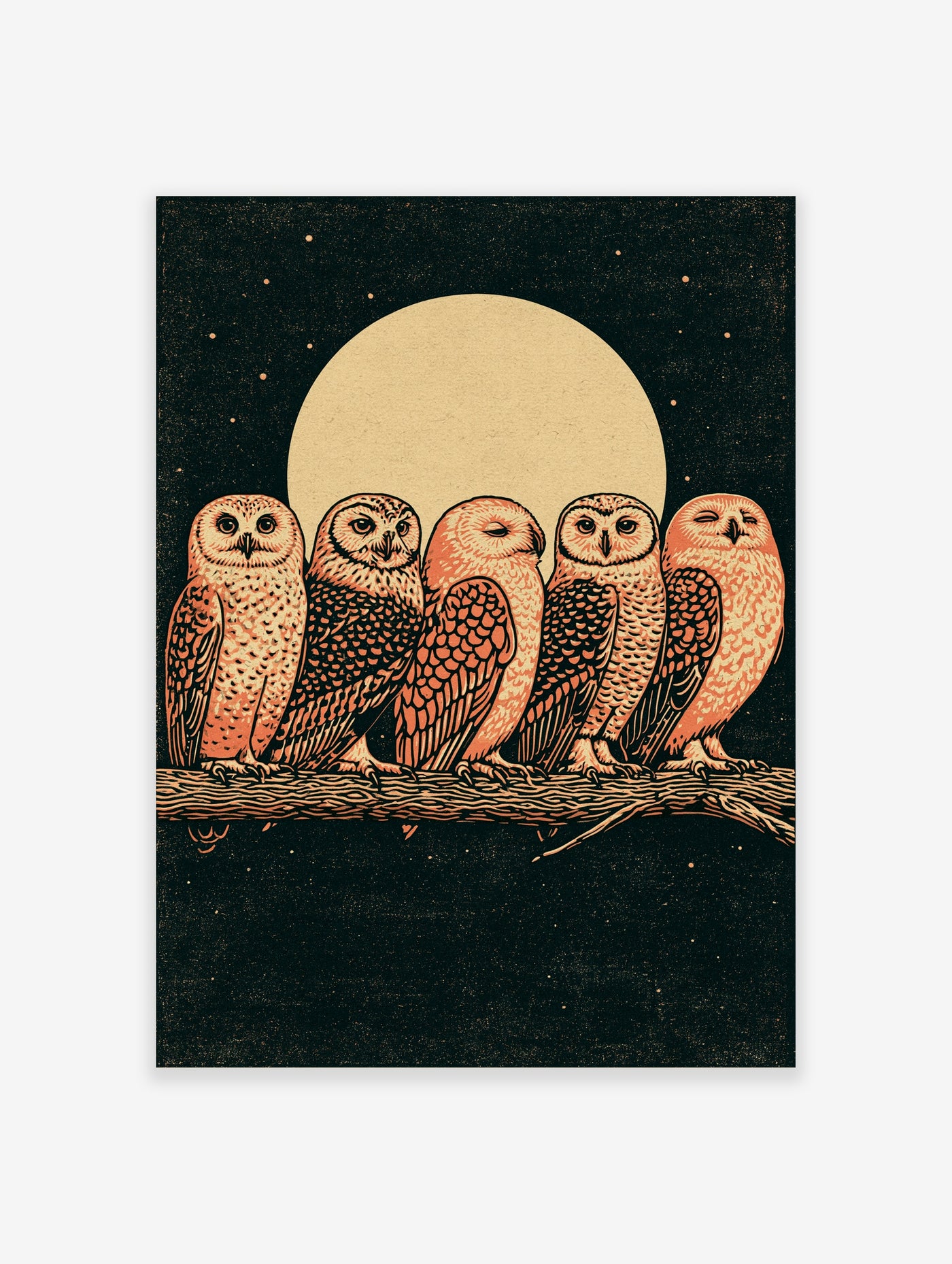 Five owls on a branch under a full moon, orange and black illustration, starry night background