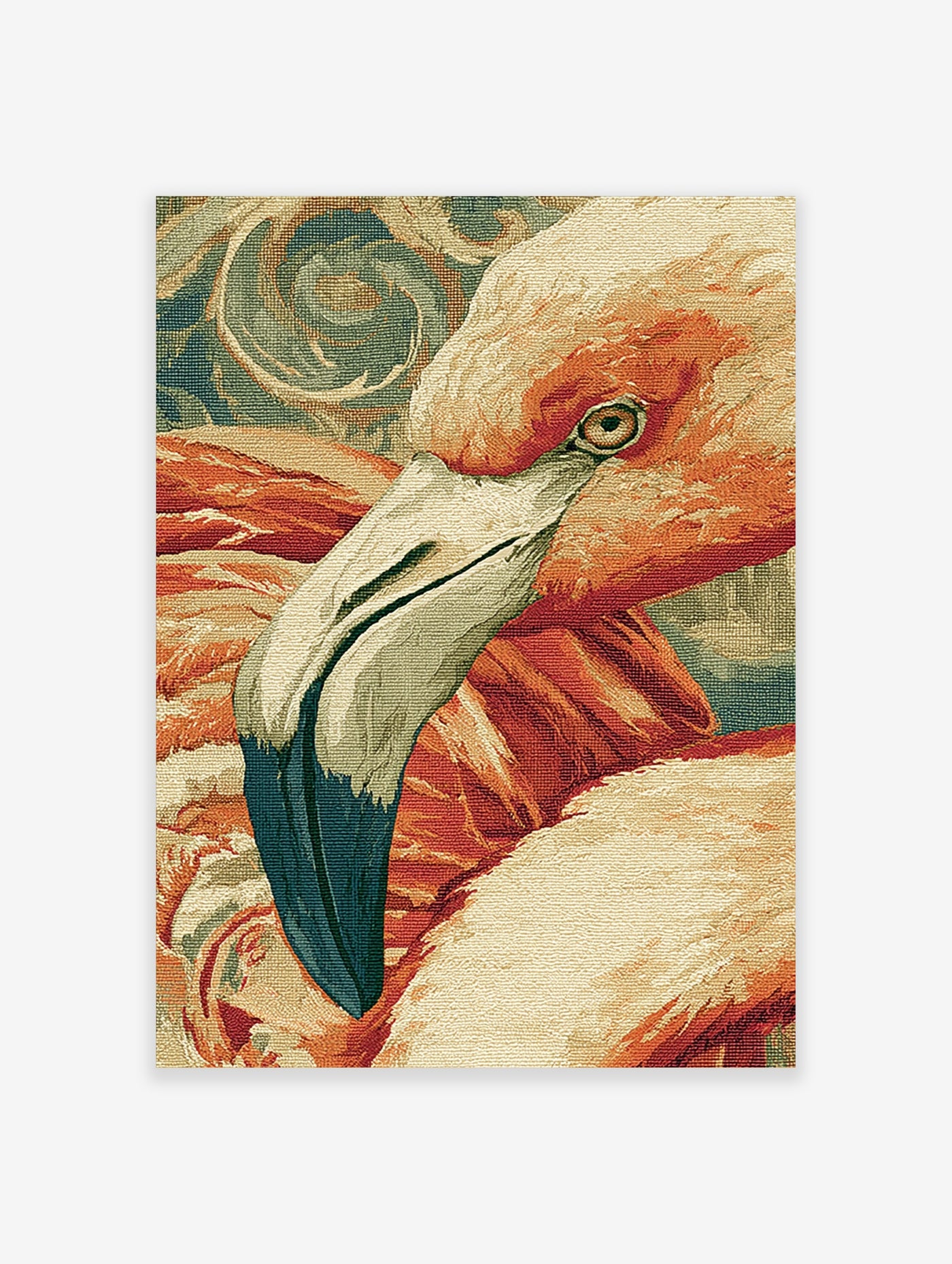 Close-up flamingo head and neck with pink feathers, curved dark-tipped beak, and textured woven style