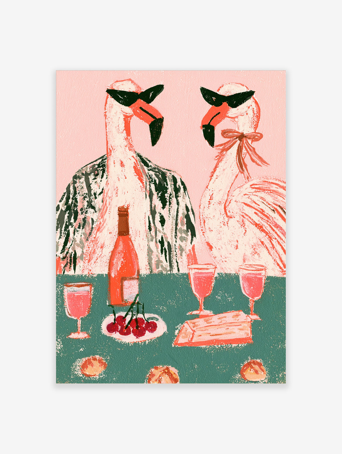 Pink flamingo cocktail party poster with two birds in sunglasses at a teal table with wine and cherries