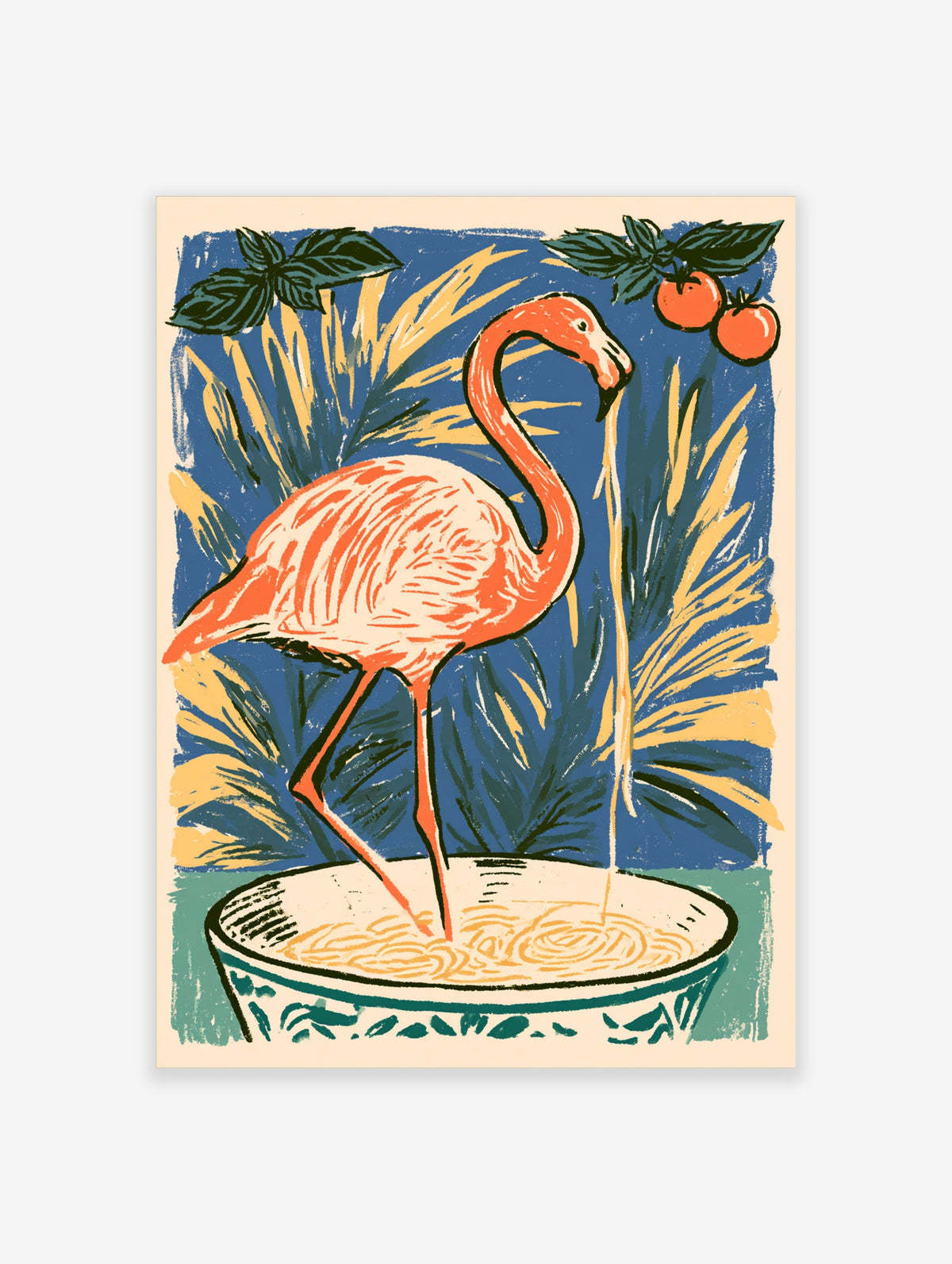 Retro flamingo eating spaghetti from a bowl with basil and tomatoes on a blue background art print