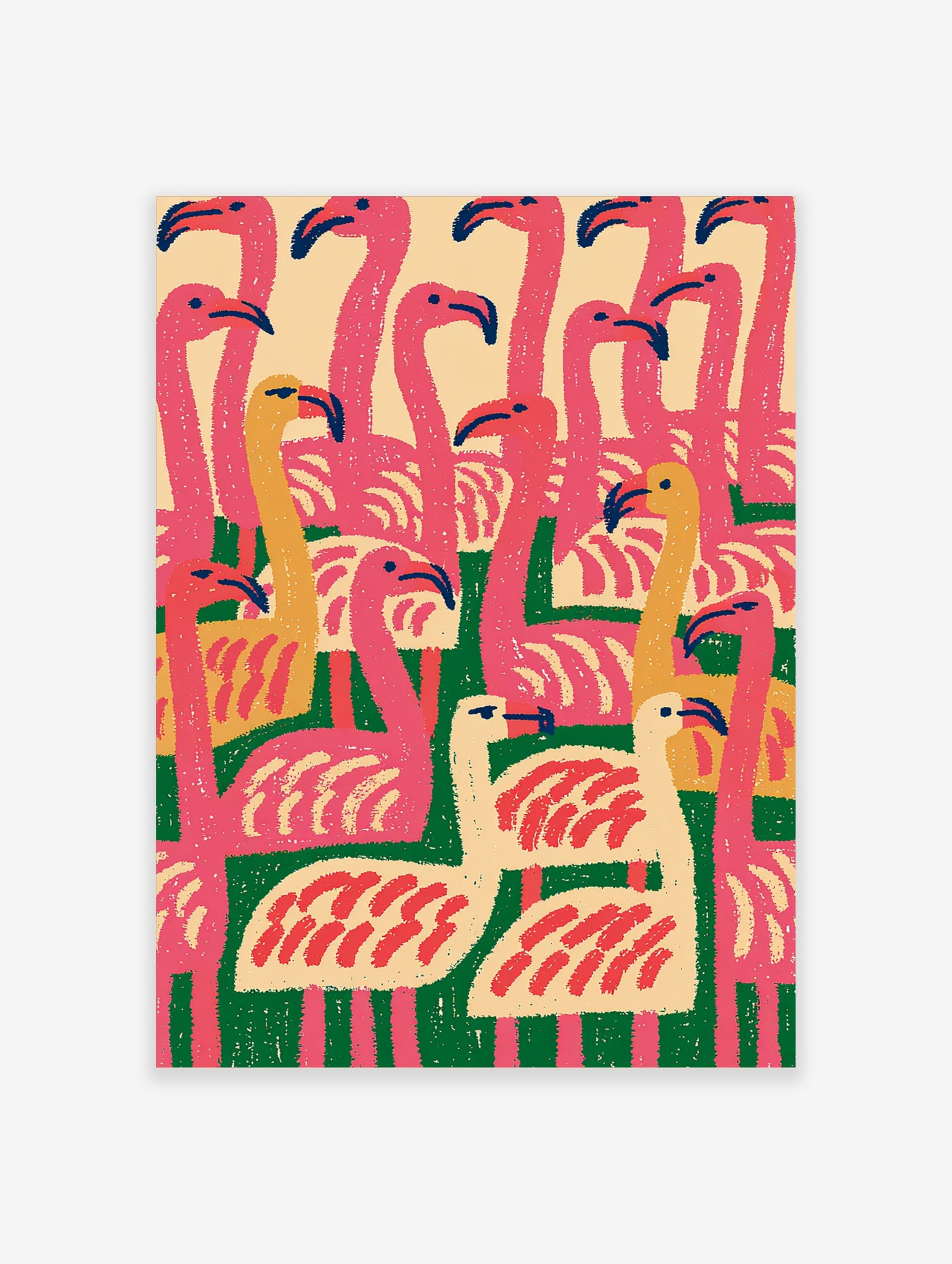 Flamingo flock wall art with pink, orange, cream birds on green background, stylised illustration
