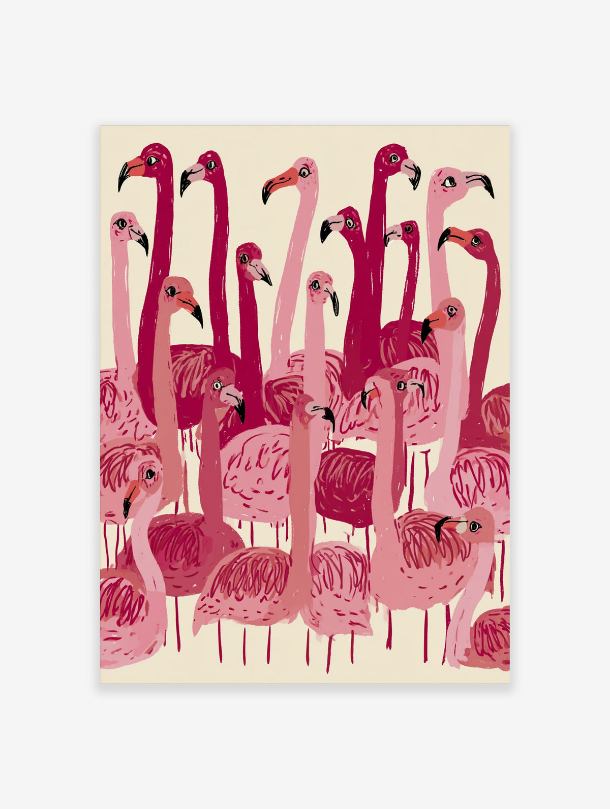 Illustration of a dense flock of pink flamingos with long necks and curved beaks on a cream background