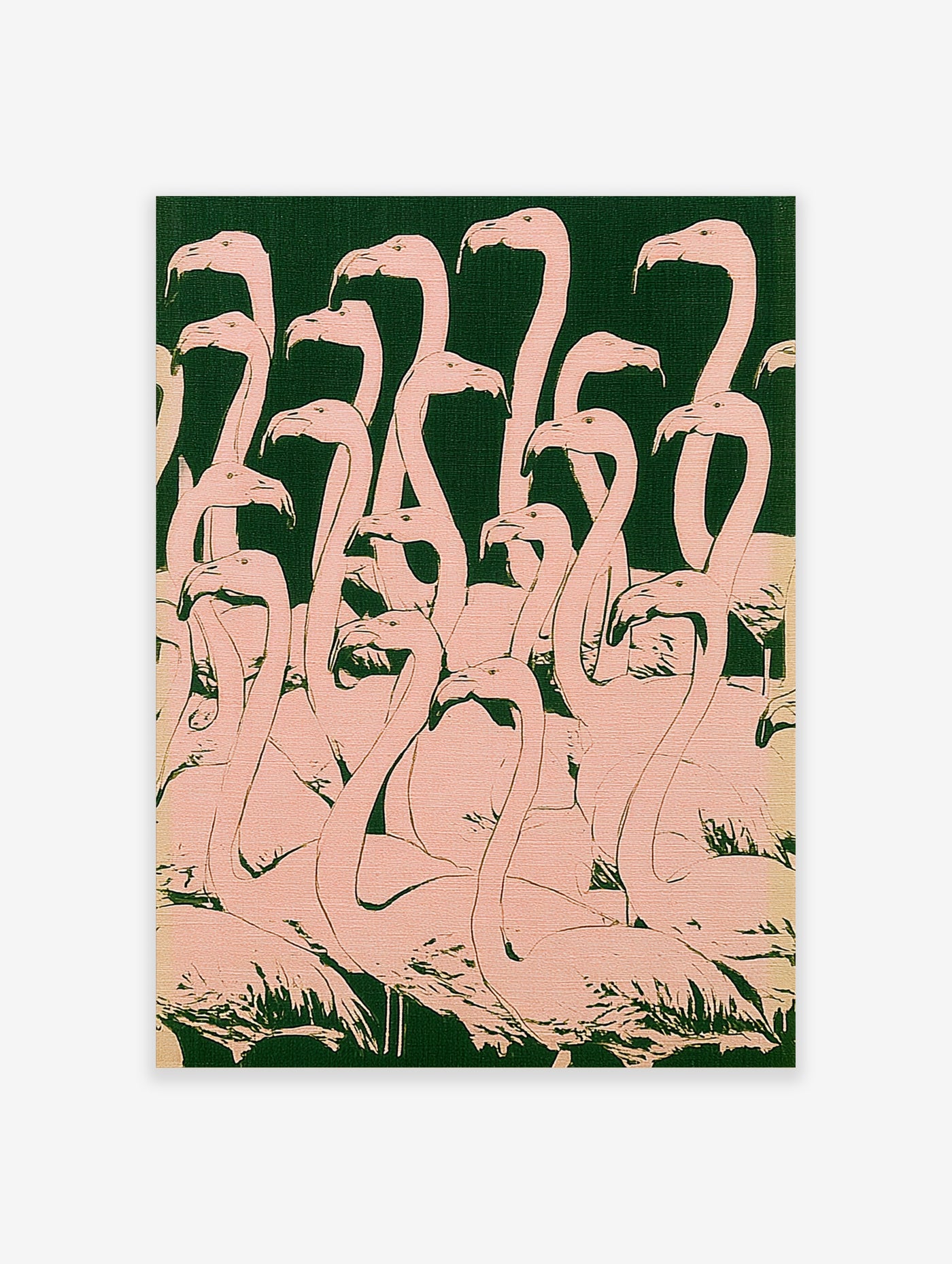 Pink flamingo flock wall art print on dark green background, graphic style