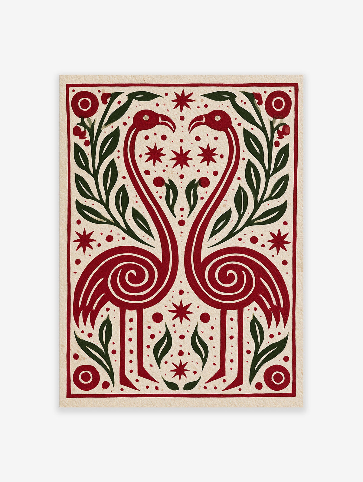 Red flamingo pair forming a heart with green leaves and red stars on cream background art print