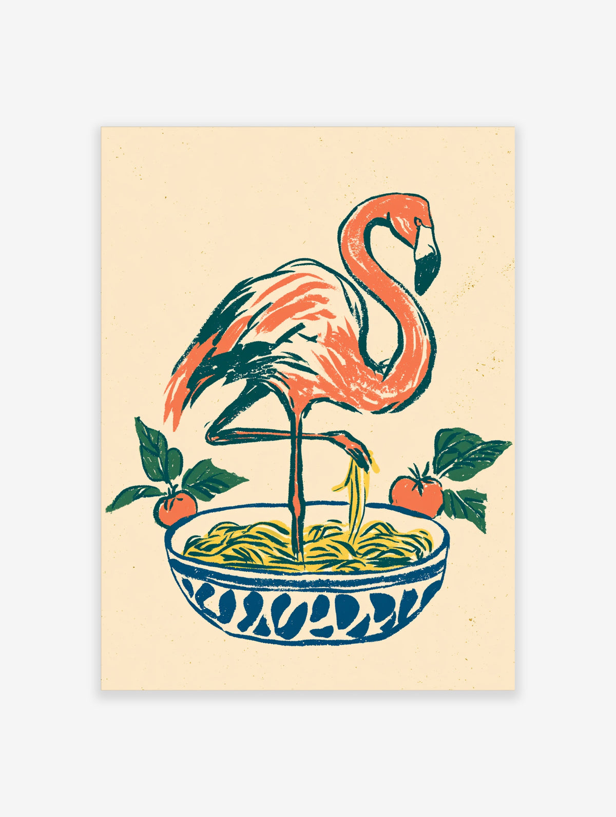 Retro flamingo standing in a blue bowl of spaghetti with tomato plants, coral and teal illustration