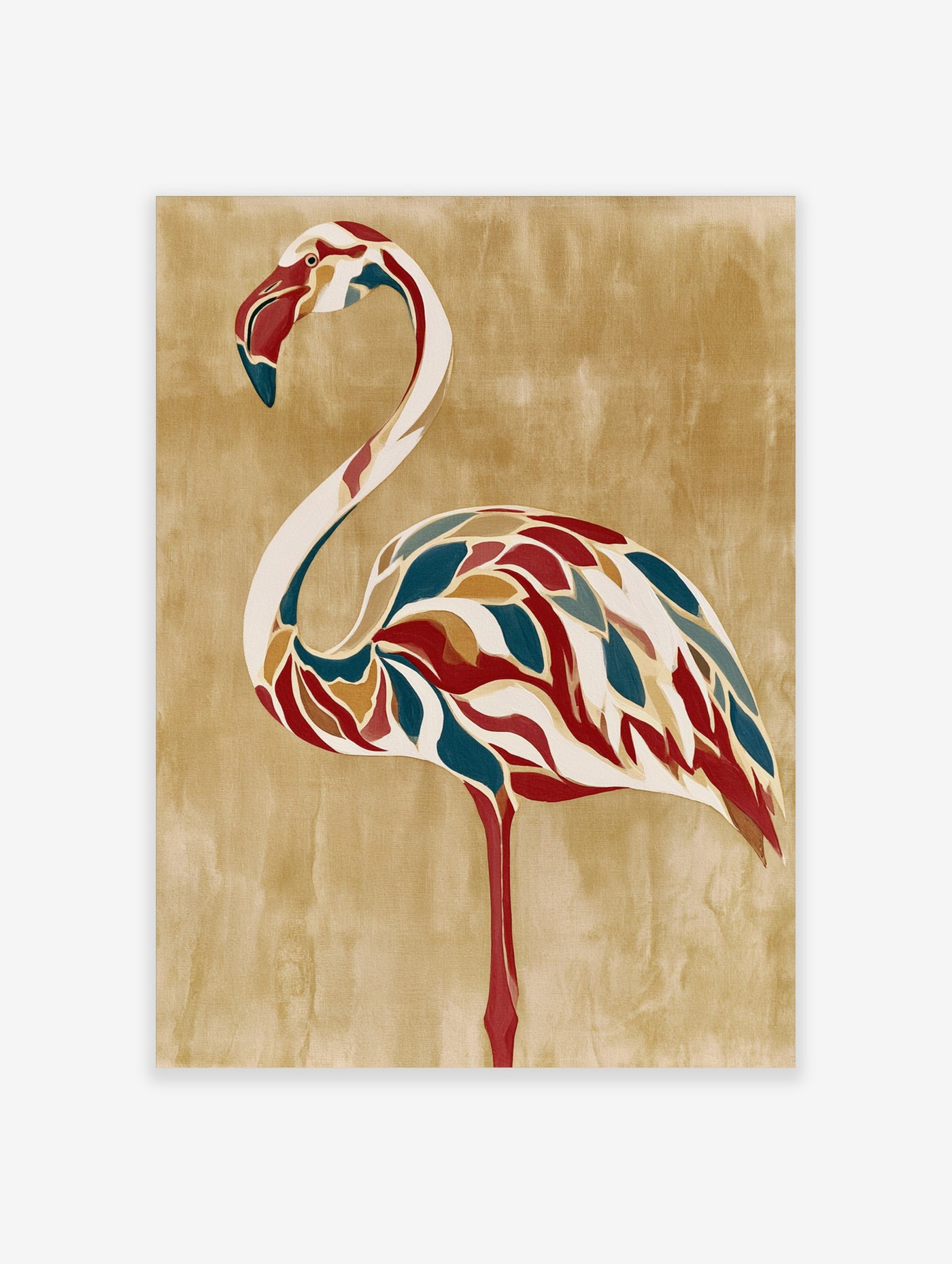 Abstract flamingo illustration with teal, red, and gold geometric feathers on beige background