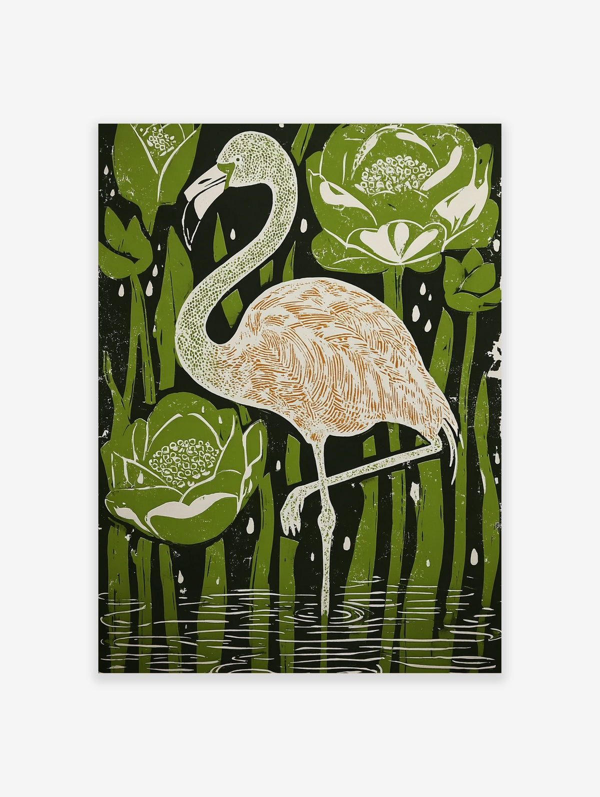 Illustrative flamingo bird art print in water with green water lilies and reeds, white details, dark background