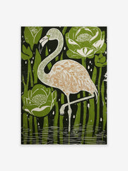Illustrative flamingo bird art print in water with green water lilies and reeds, white details, dark background