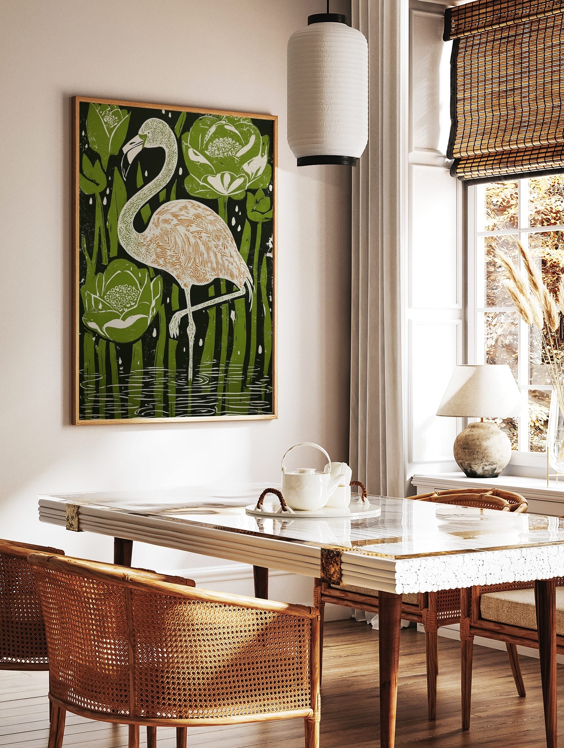 Illustrative flamingo bird art print in water with green water lilies and reeds, white details, in a styled room mockup
