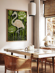 Illustrative flamingo bird art print in water with green water lilies and reeds, white details, in a styled room mockup