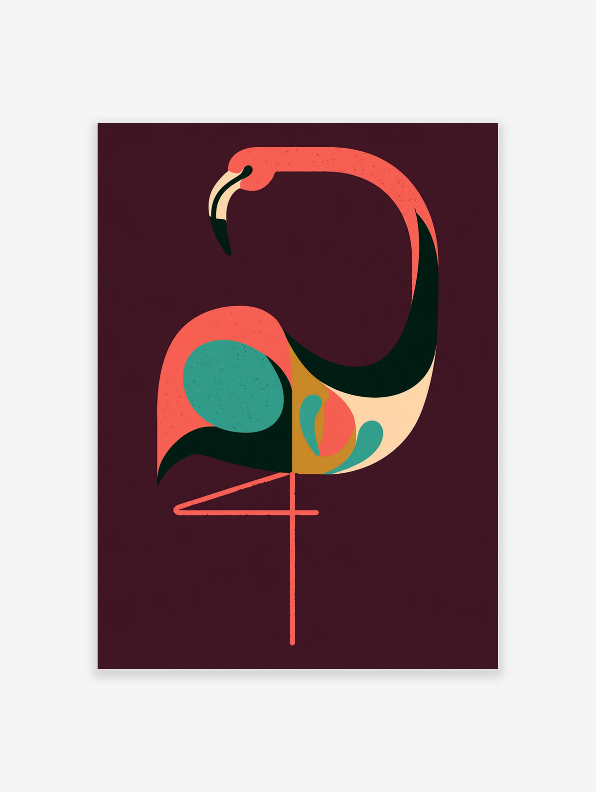 Geometric flamingo art print with coral neck, teal wing circle, and cream beak on plum background