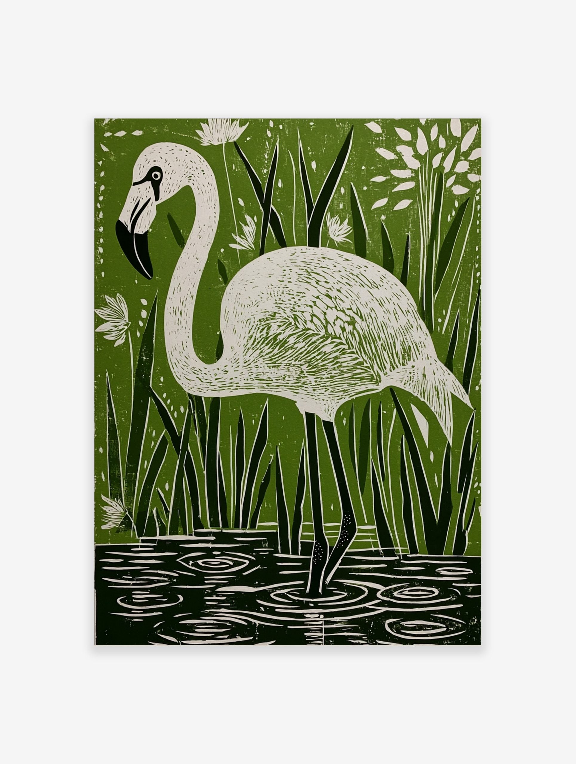 White flamingo in linocut style, standing in water among green reeds and white flowers