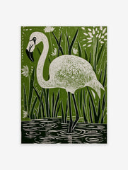 White flamingo in linocut style, standing in water among green reeds and white flowers