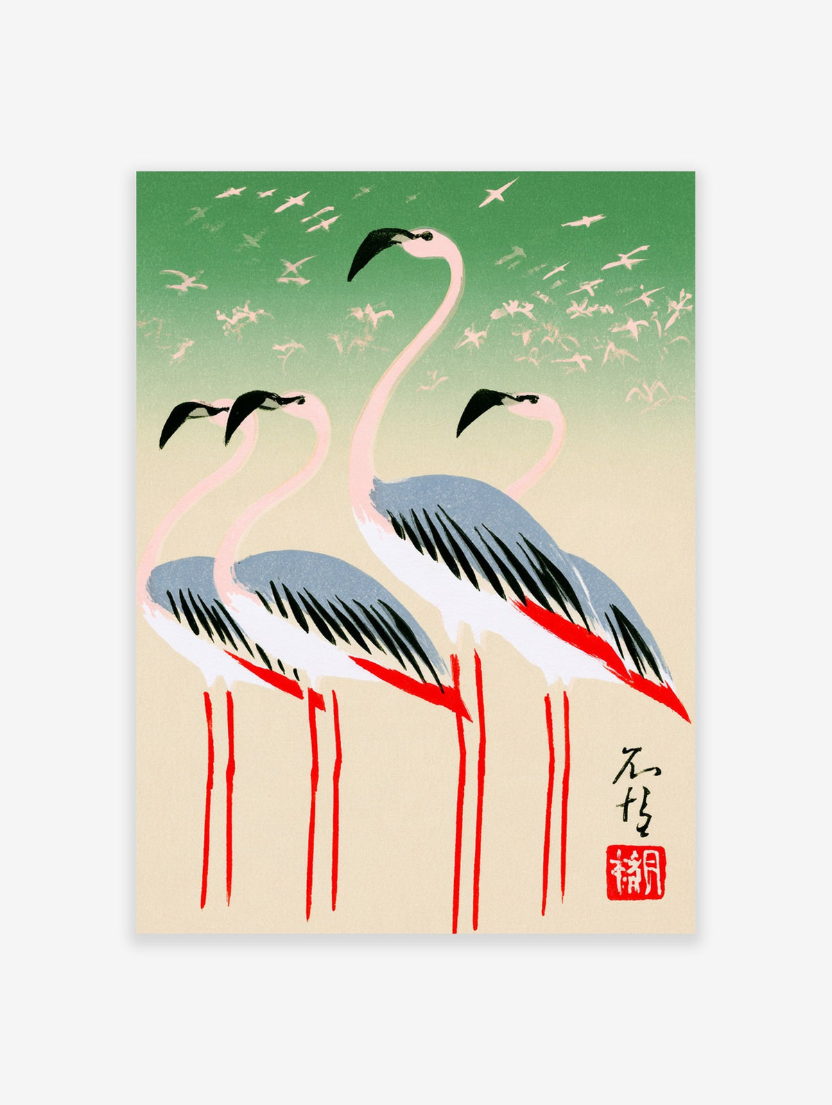 Japanese style flamingo wall art with three birds, calligraphy, and a red seal on a green gradient background