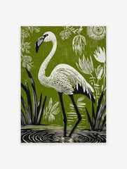 White flamingo in linocut style, wading in water with green background, white plants, and stylised sun