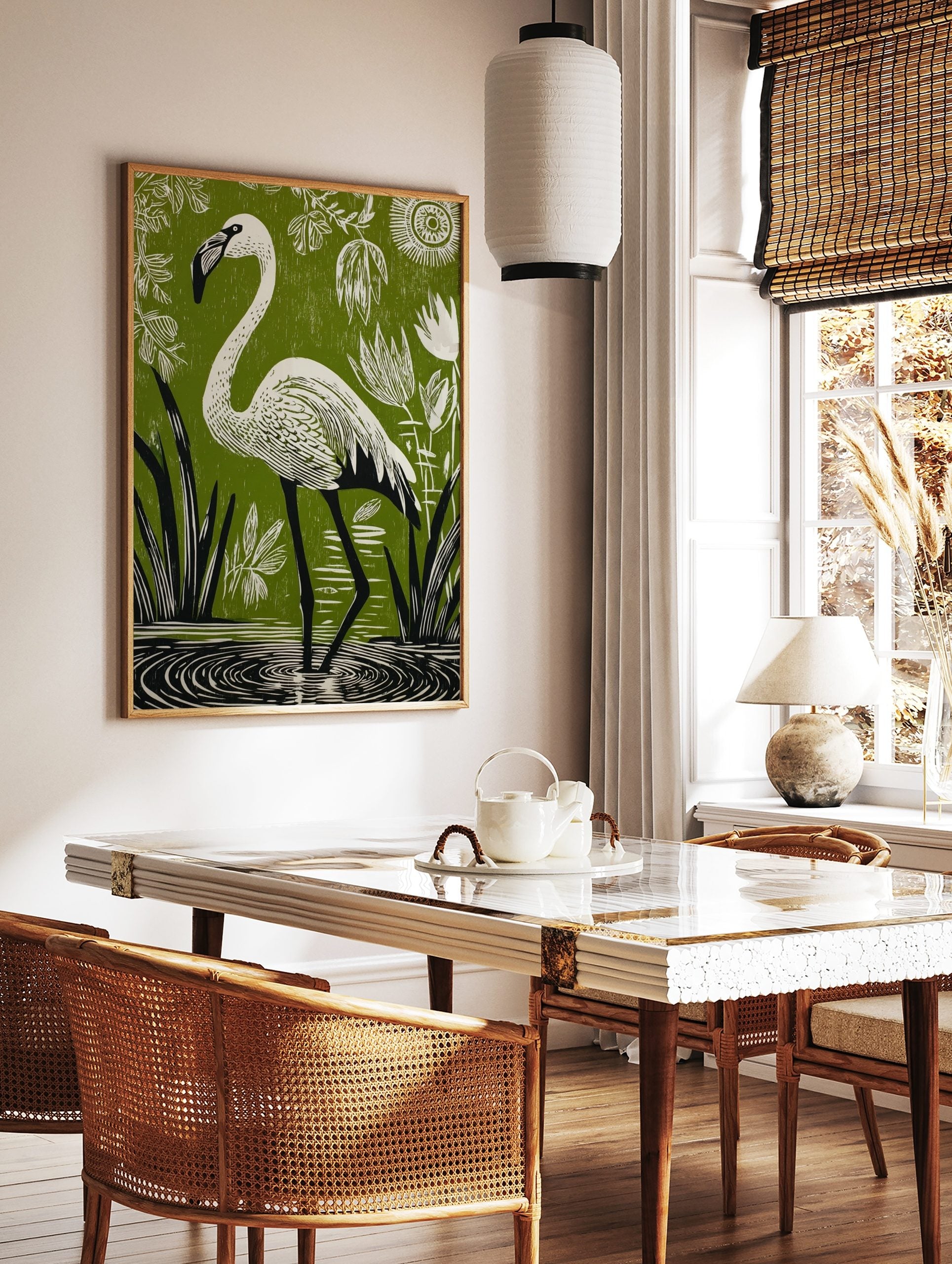 White flamingo in linocut style, wading in water with green background, white plants, and stylised, in a styled room mockup