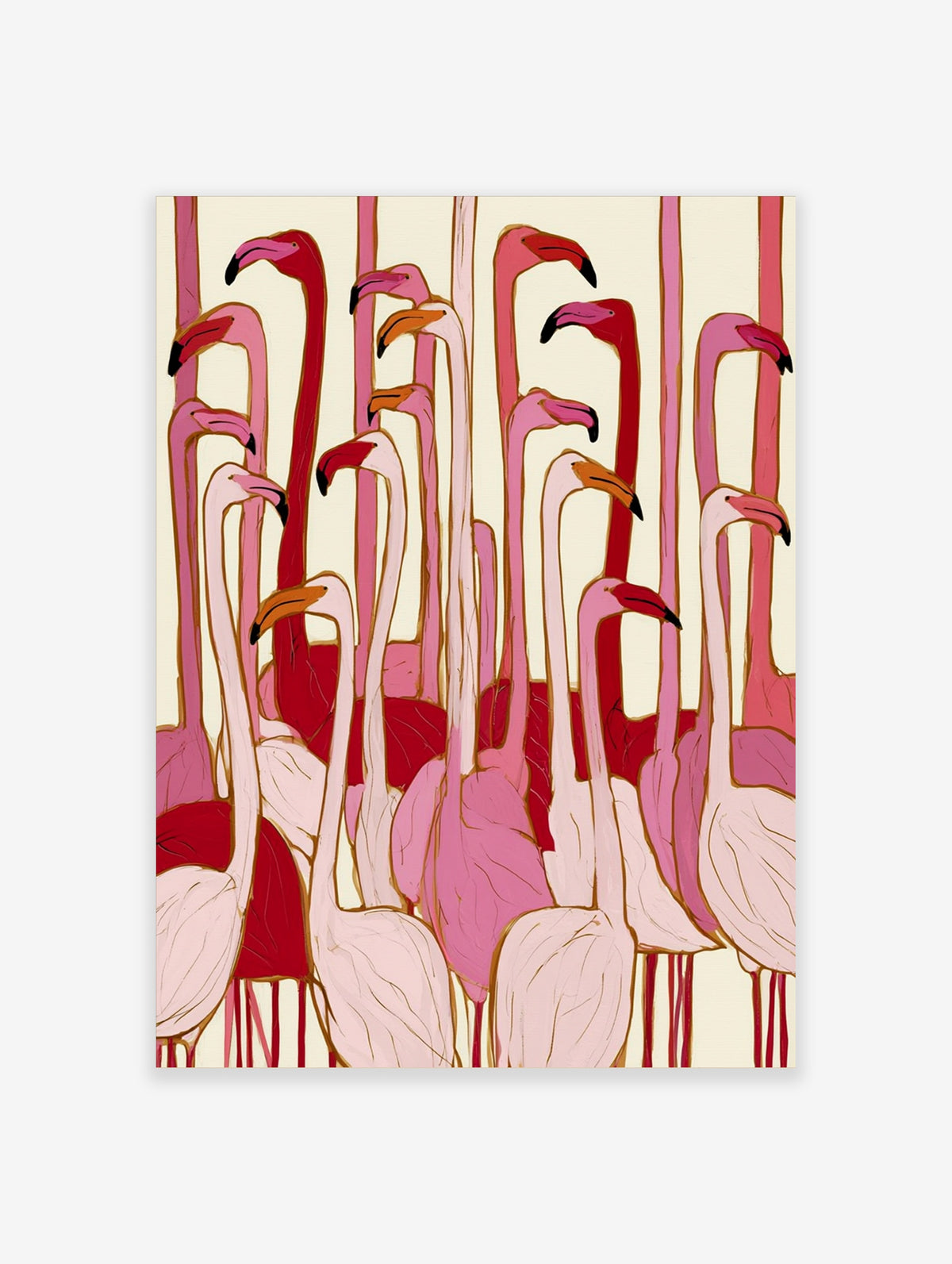 Flamingo wall art print with pink flamingos in various poses, gold outlines, cream background