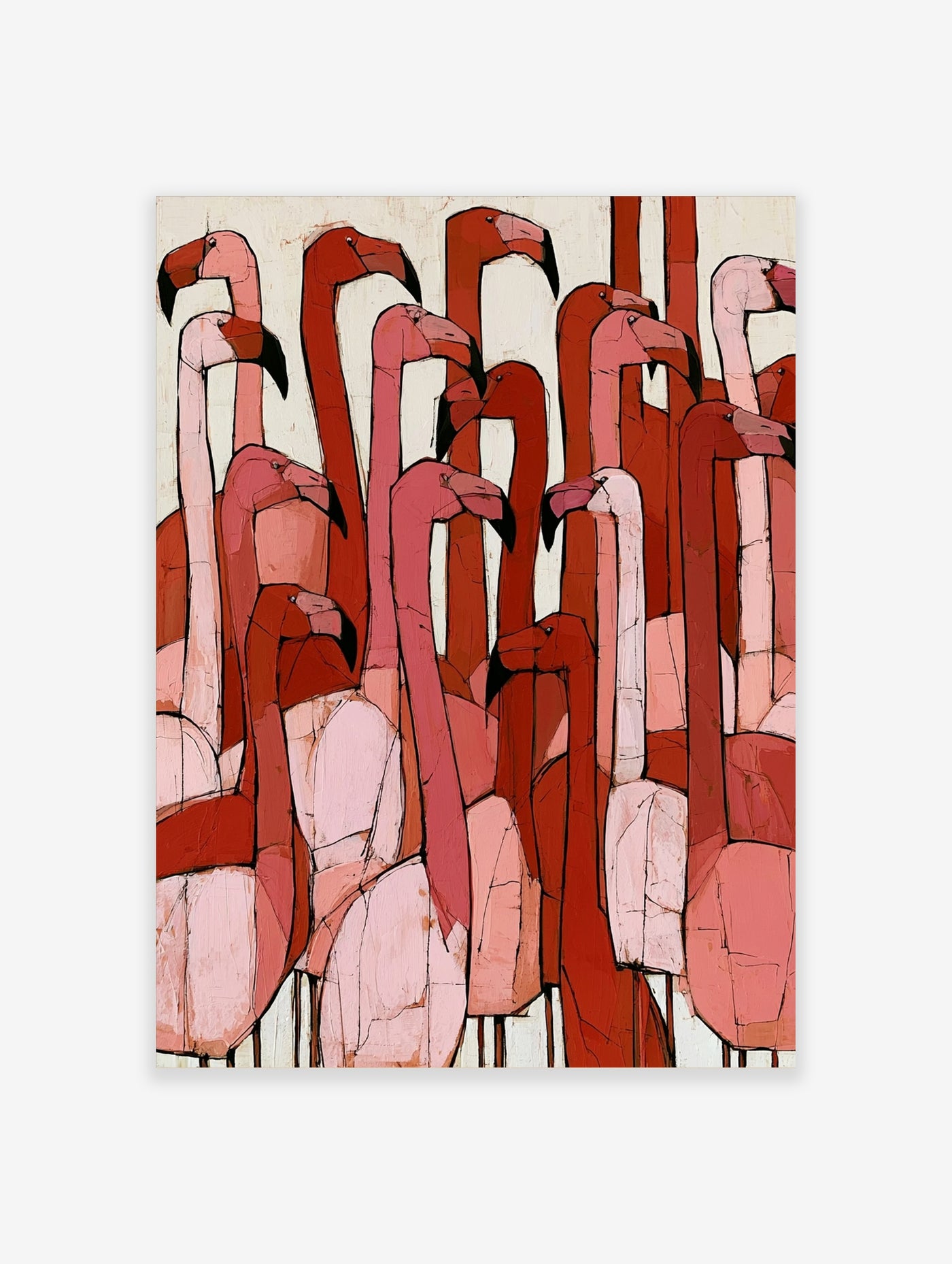 Geometric pink flamingo flock wall art print with cracked background