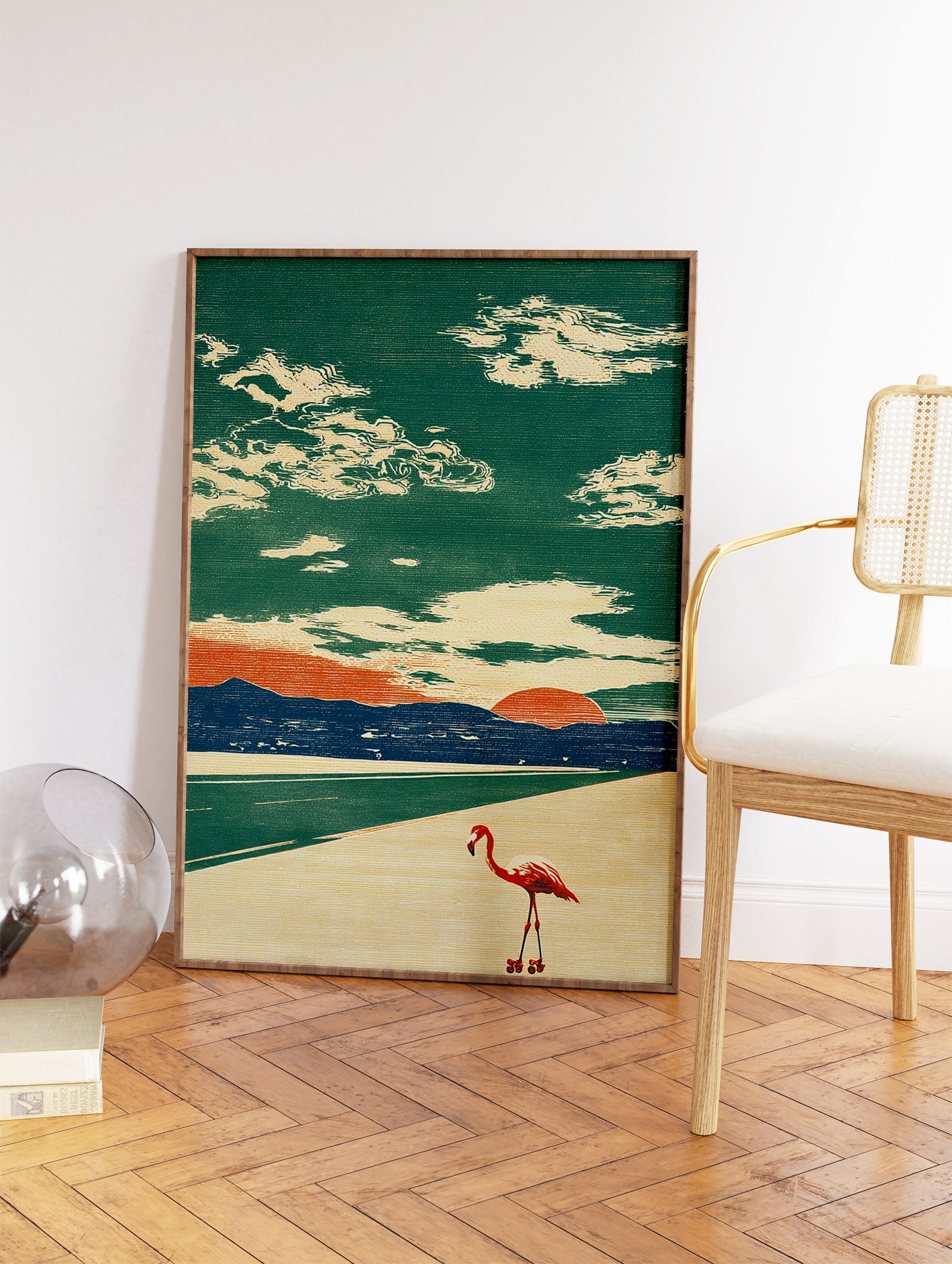 Flamingo Wall Art: Retro illustration of a flamingo on roller skates on a beach road at sunset with mountains and clouds. - Image 2