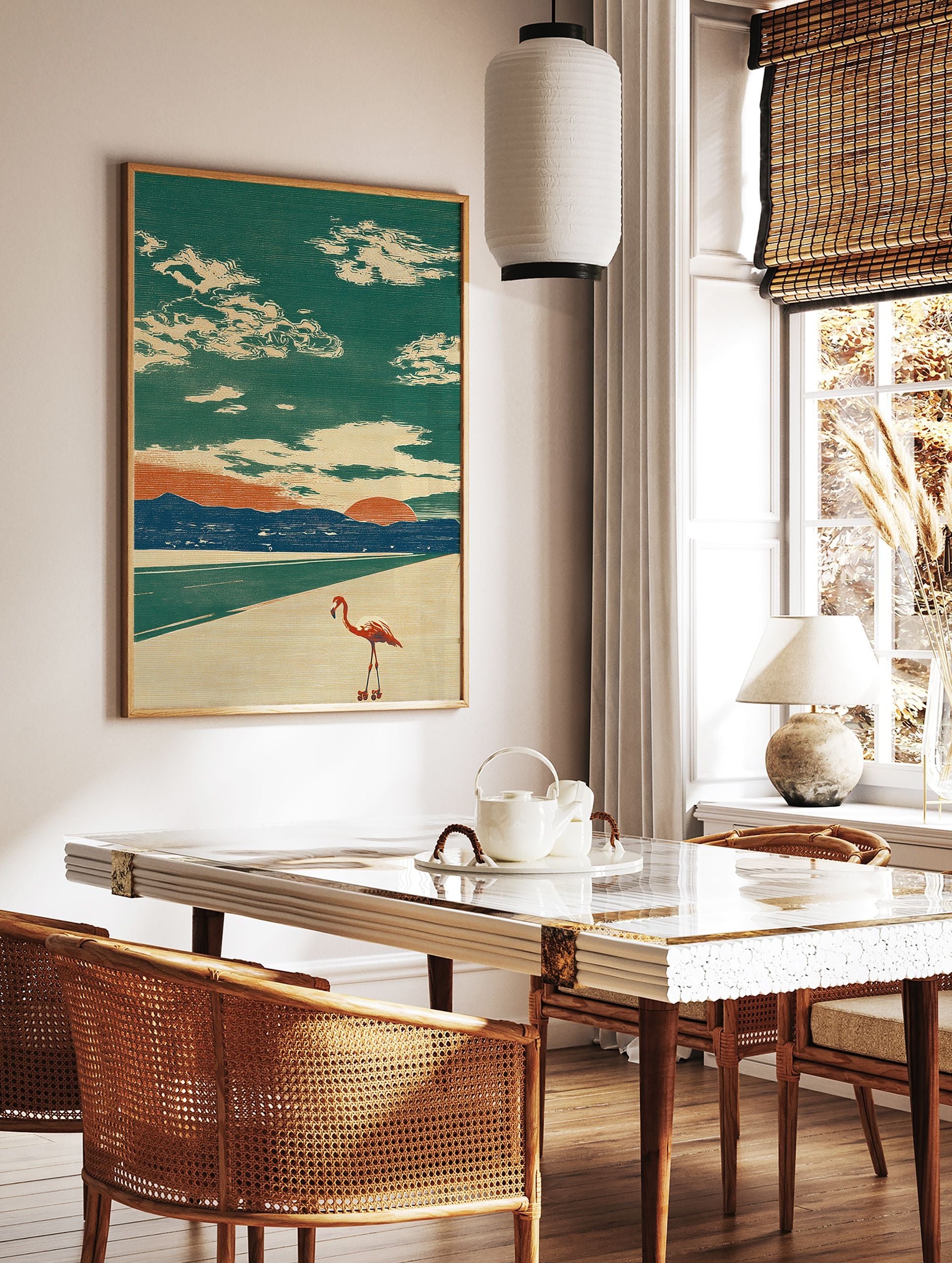 Flamingo Wall Art: Retro illustration of a flamingo on roller skates on a beach road at sunset with mountains and clouds. - Image 3