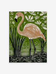 Linocut style art print of a flamingo standing in green water with reeds and white tropical foliage