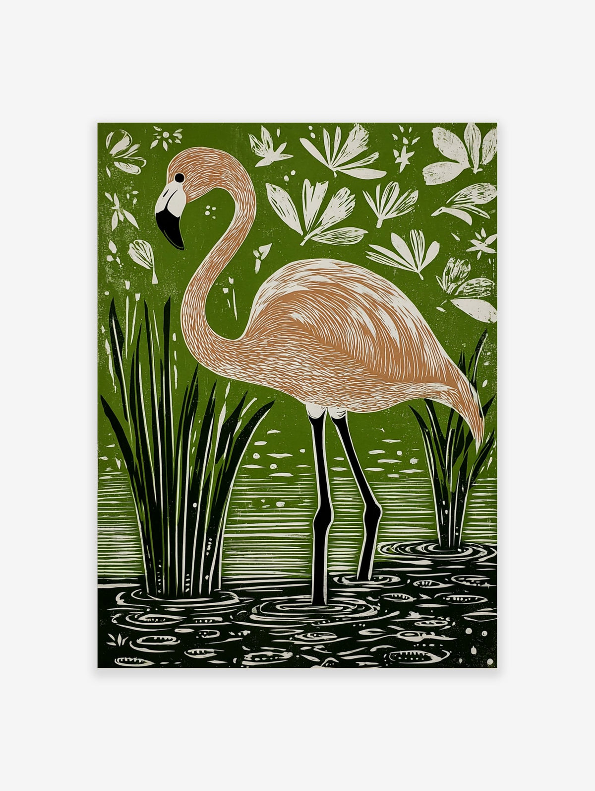 Flamingo bird art print in green water with reeds and white leaves, peach and black colours, linocut style