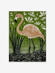 Flamingo bird art print in green water with reeds and white leaves, peach and black colours, linocut style