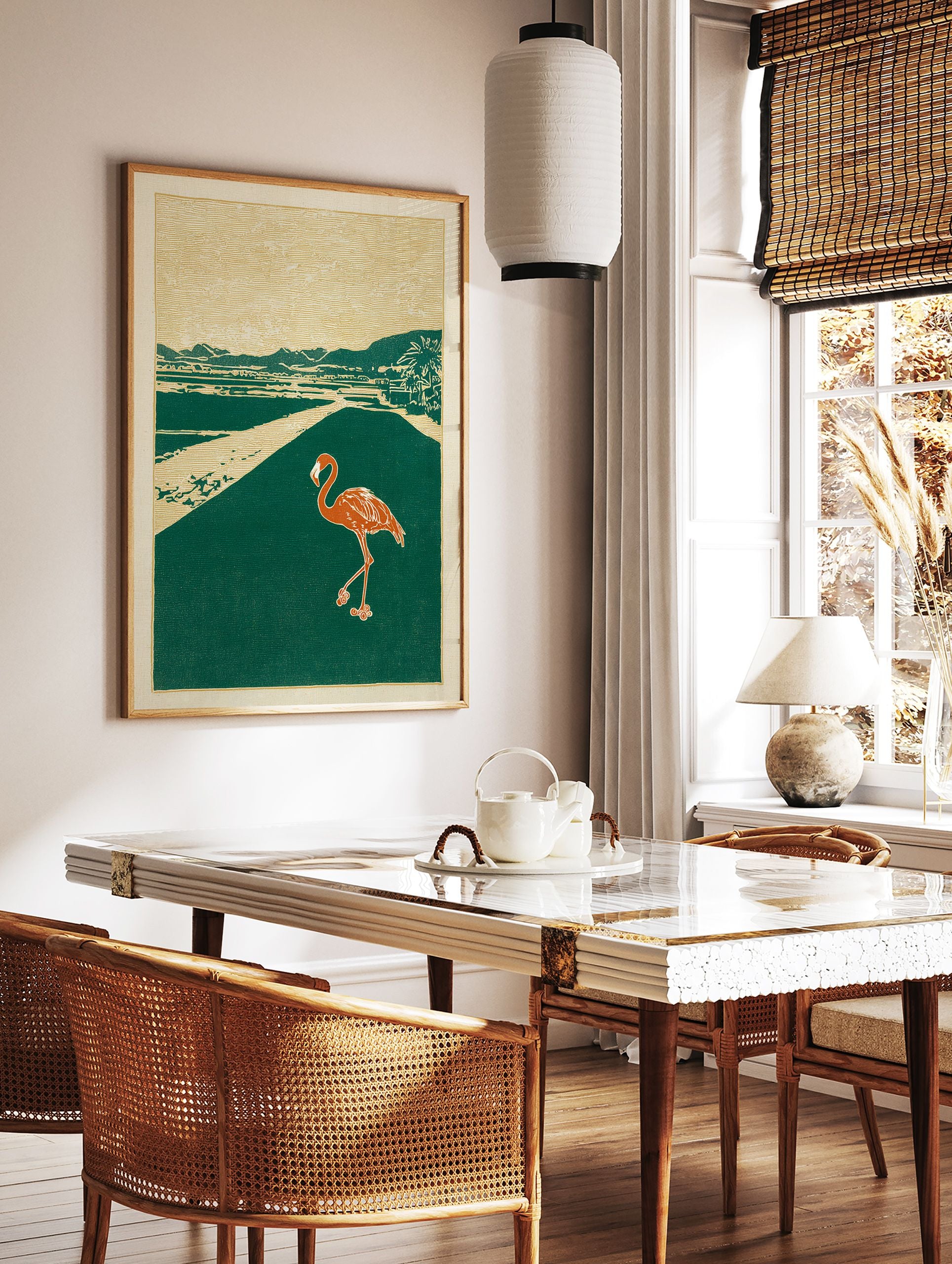 Flamingo walking on a path in a tropical landscape art print with green, gold, and orange colors in a block print style. - Image 3
