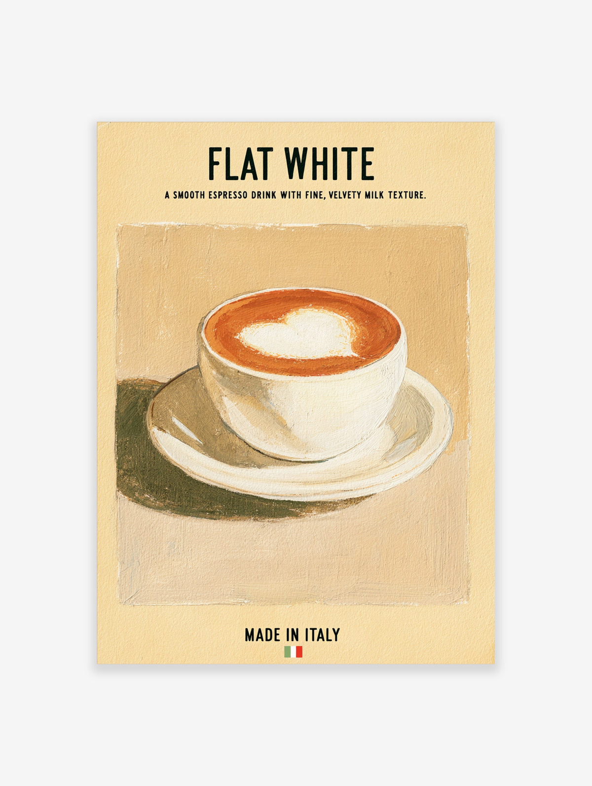 Flat white coffee poster with heart latte art in white cup and saucer, Italian cafe wall art print