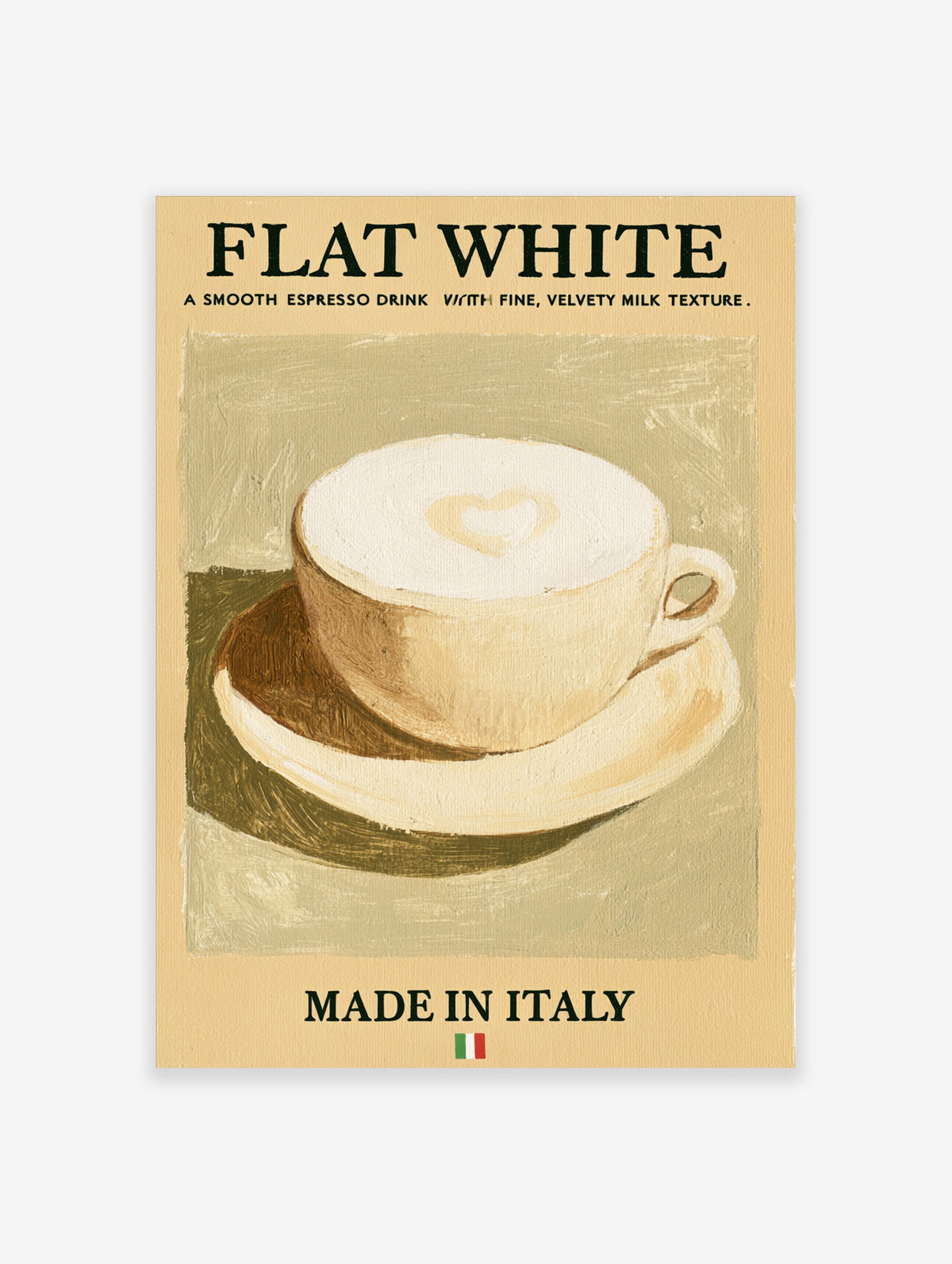 Flat white coffee poster with painted cup, heart latte art, bold typography, and beige palette