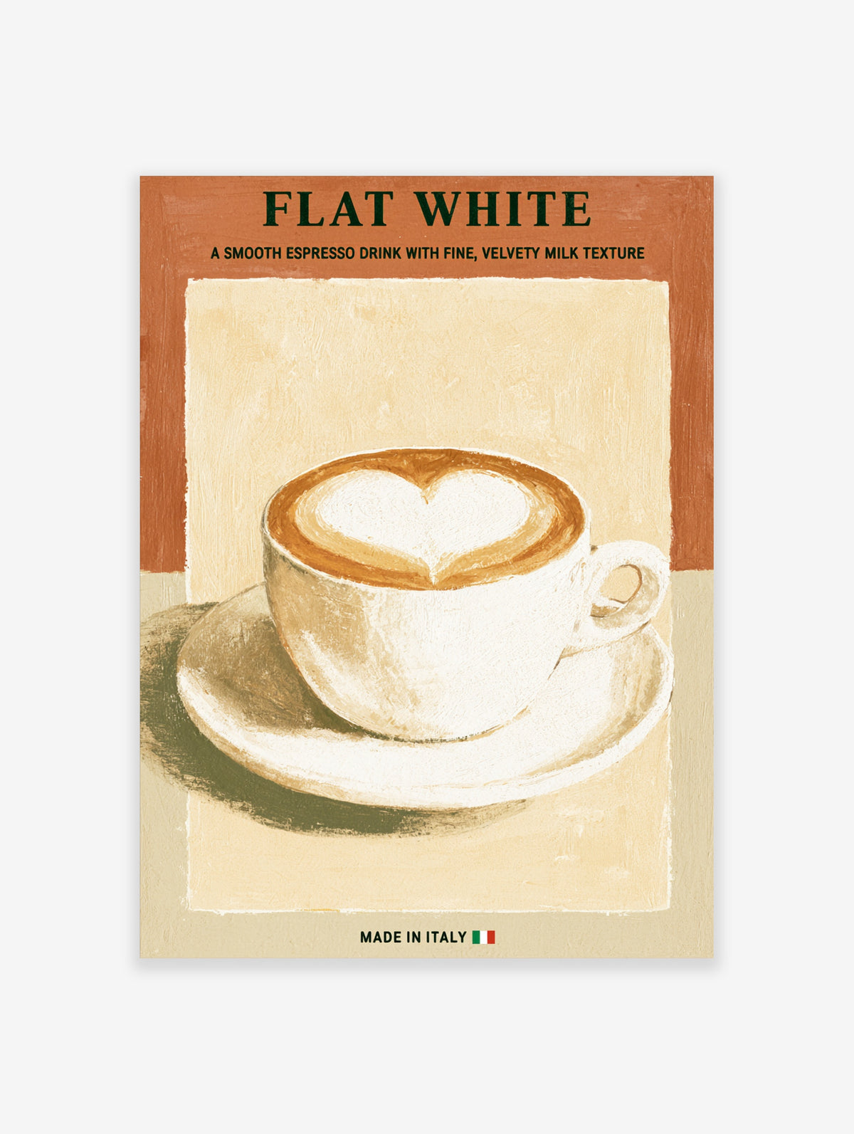 Flat white coffee poster with heart latte art in a cup, bold text and beige background