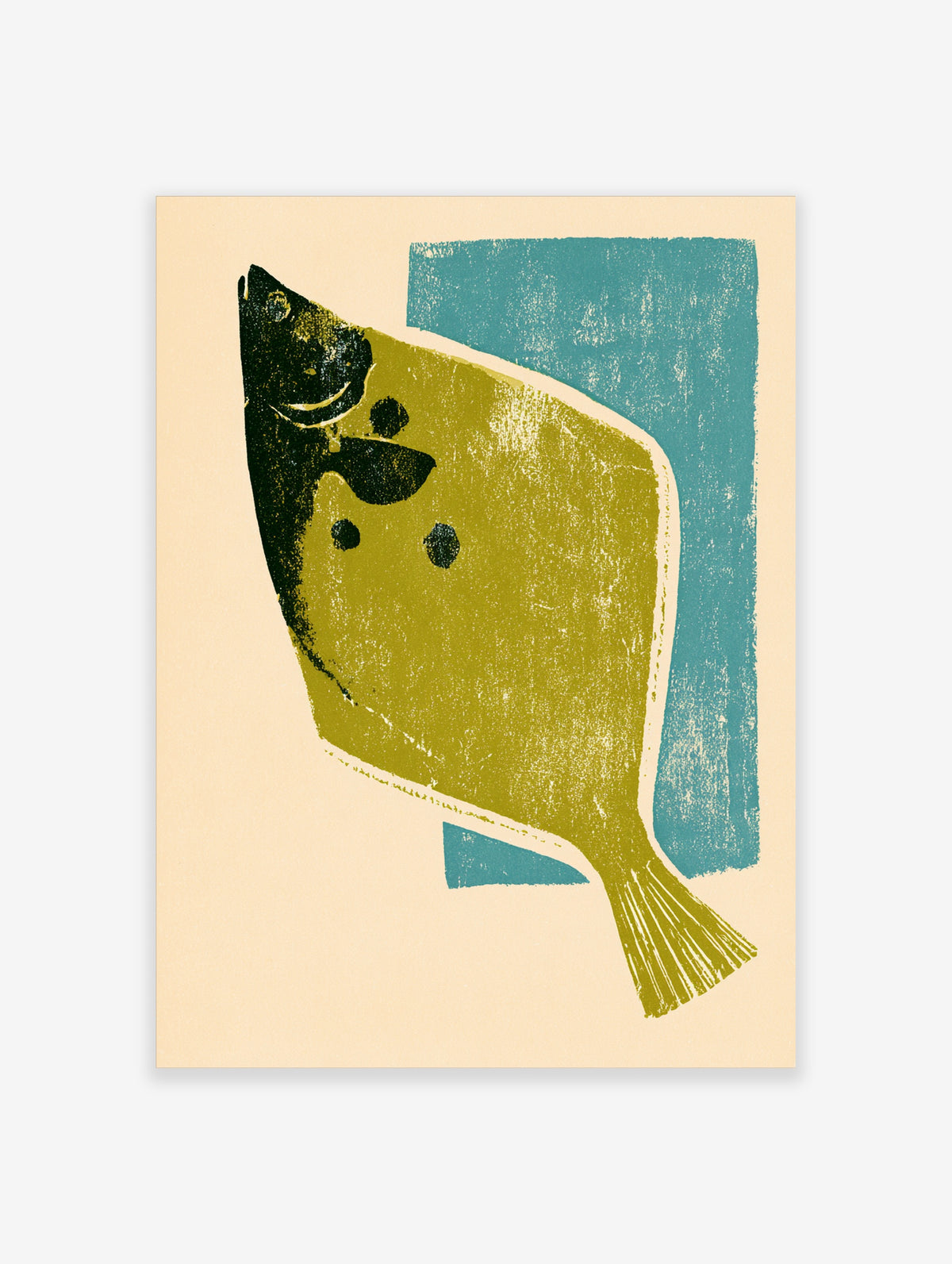 Flatfish art print with olive green body, black head, and teal background block