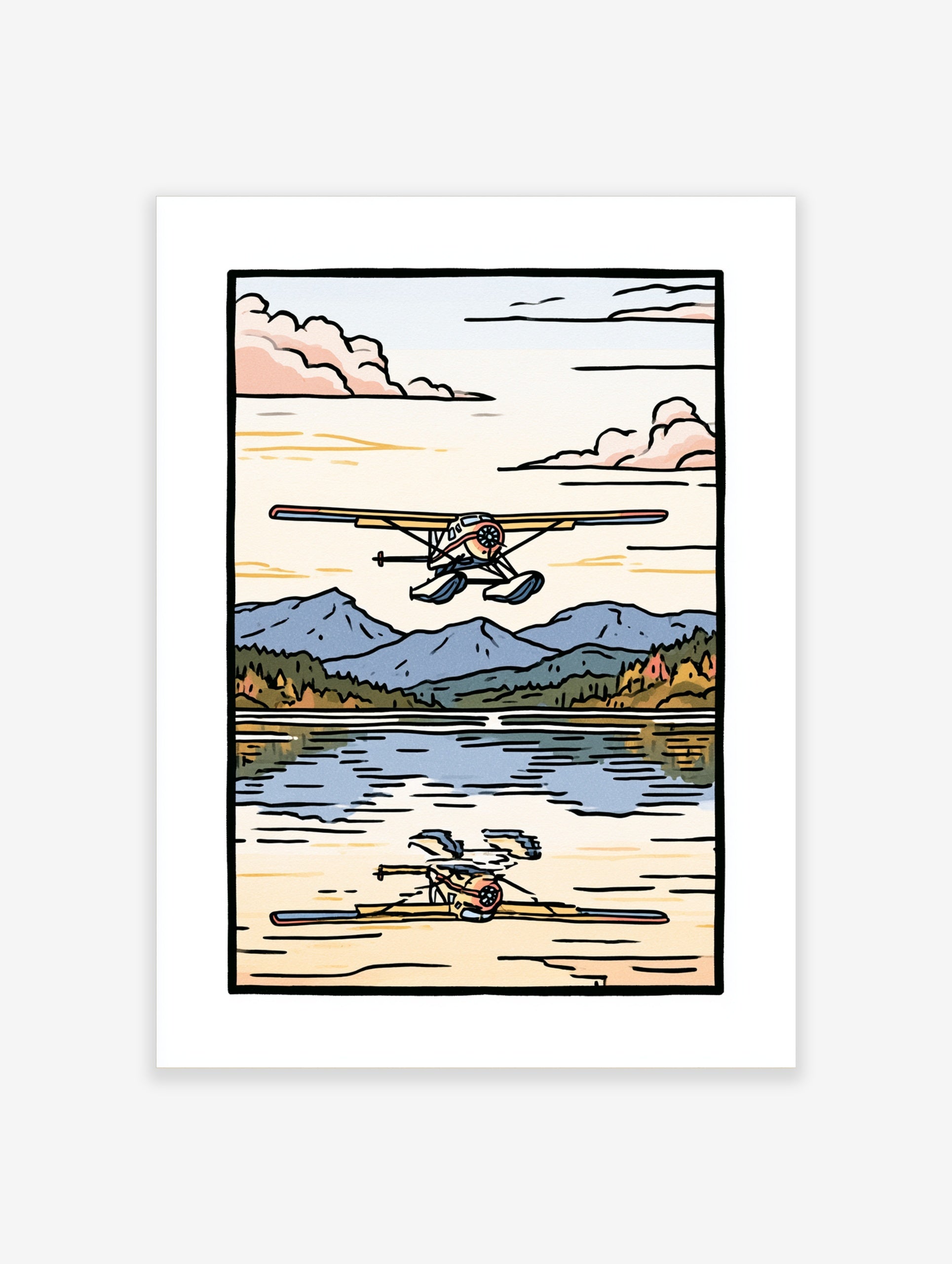 Floatplane illustration landing on a mountain lake with reflection, earthy tones, illustrative style