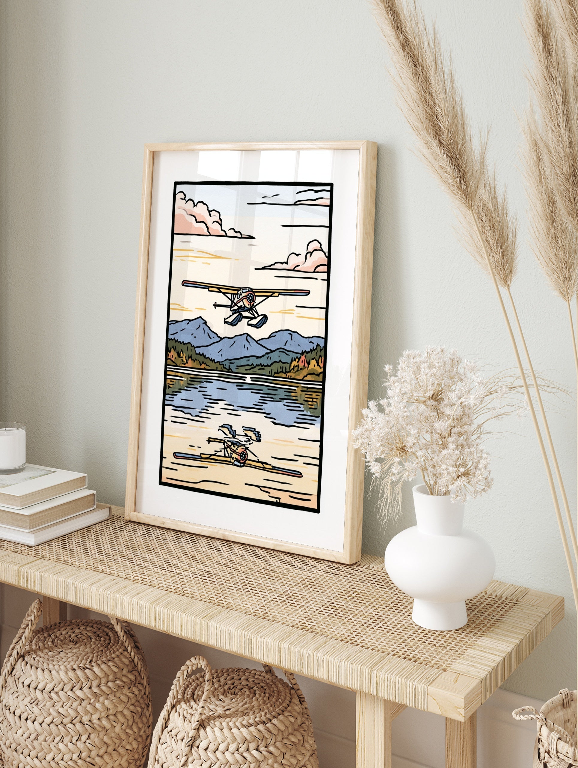 Floatplane illustration landing on a mountain lake with reflection, earthy tones, in an alternate framed mockup