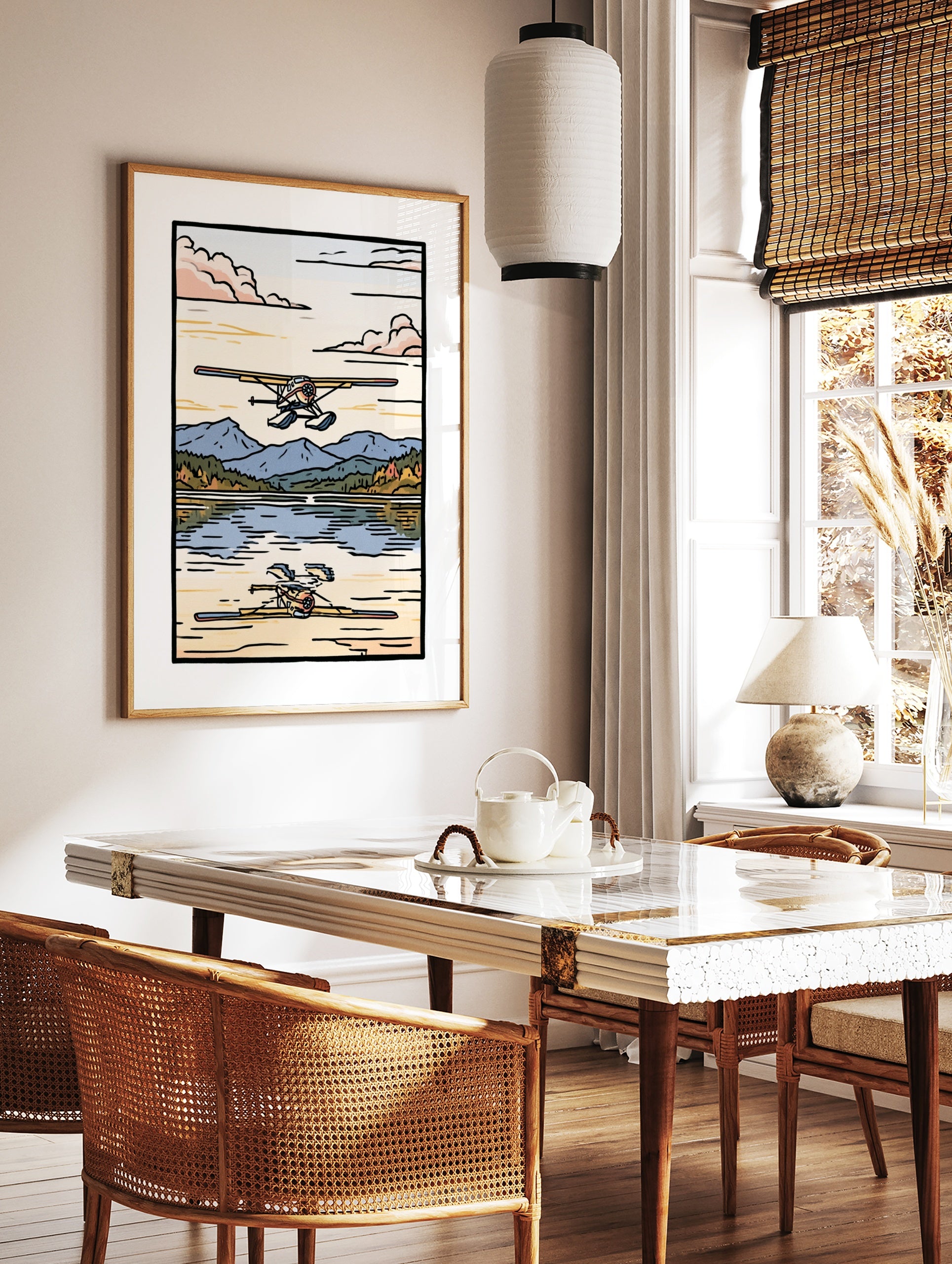 Floatplane illustration landing on a mountain lake with reflection, earthy tones, illustrative style, in a styled room mockup