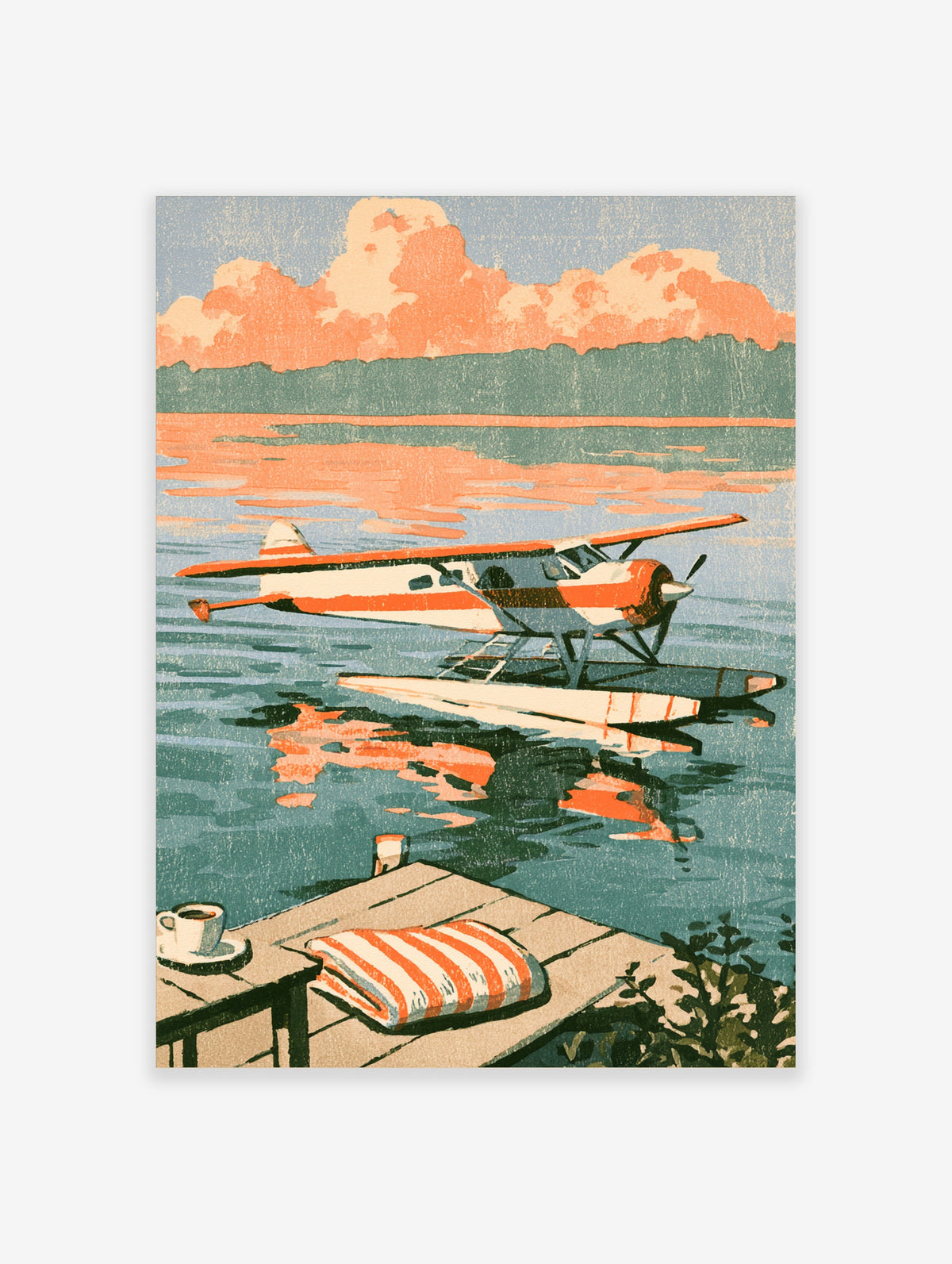 Vintage floatplane on calm teal water with orange clouds, wooden dock and striped towel
