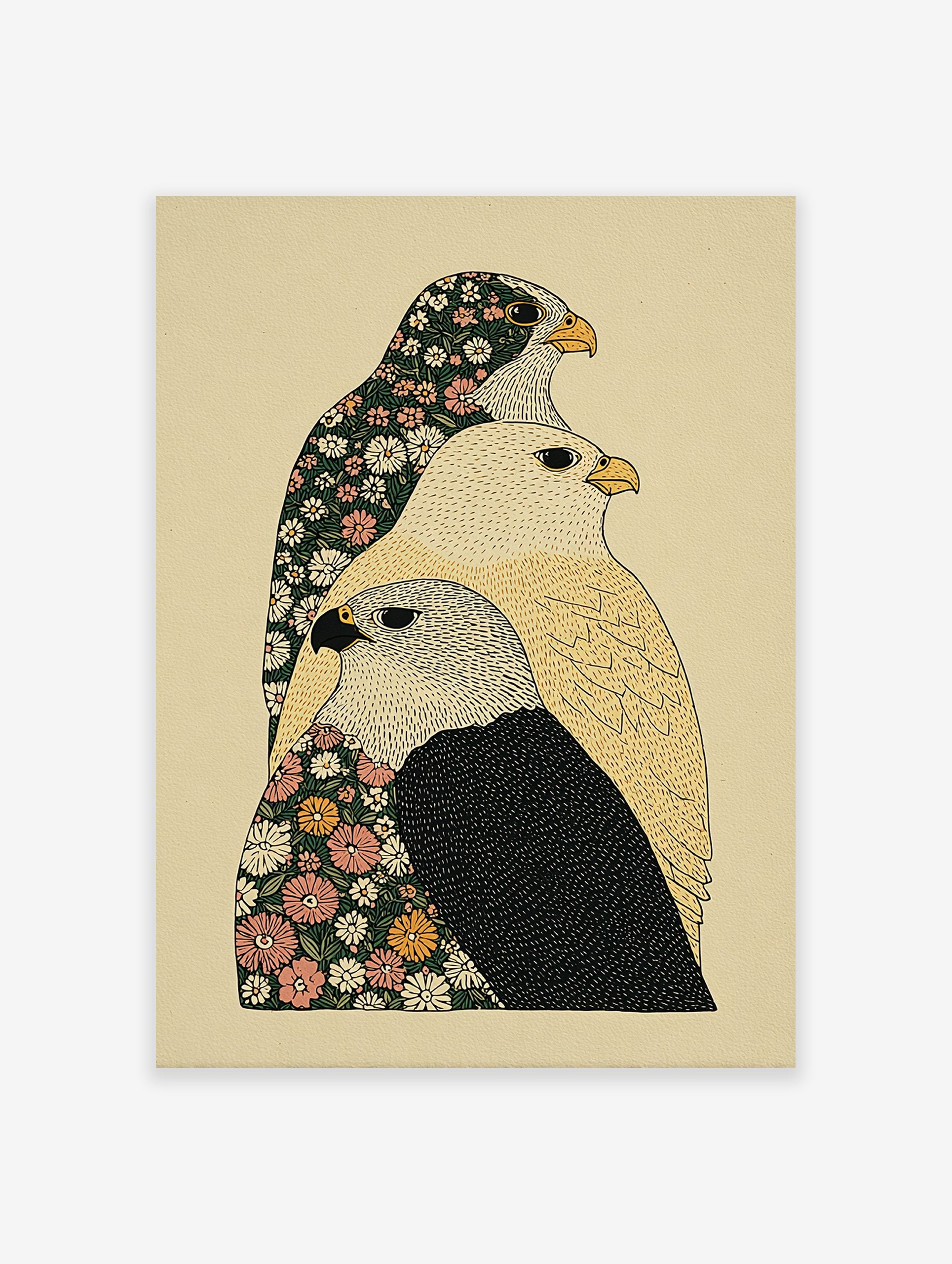 Illustrative floral bird wall art print featuring three falcons with botanical patterns on a light background.