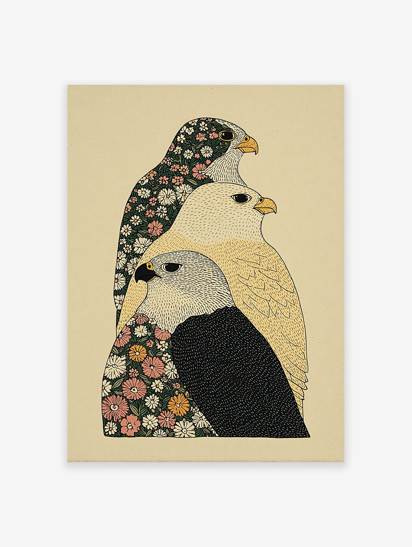 Illustrative floral bird wall art print featuring three falcons with botanical patterns on a light background.