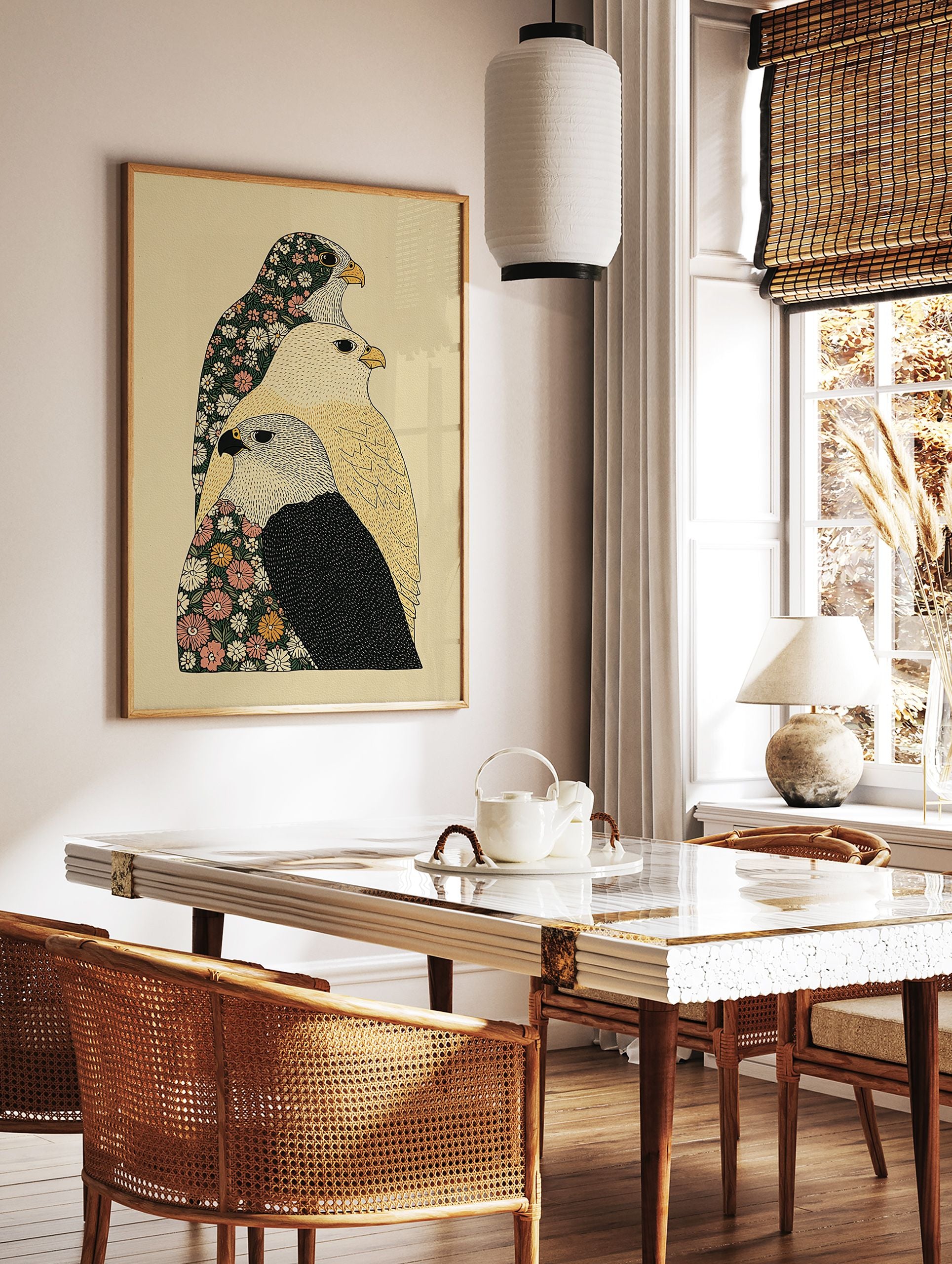 Illustrative floral bird wall art print featuring three falcons with botanical patterns on a light background. - Image 2