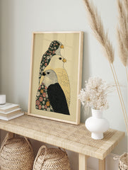 Illustrative floral bird wall art print featuring three falcons with botanical patterns on a light background. - Image 3
